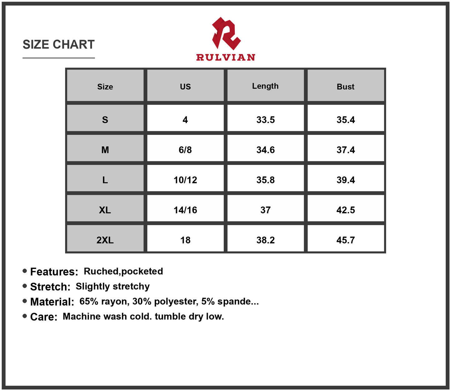 Size Chart - Womens Sleeveless Dress Ruched Pockets Stretch Sixty five percent rayon thirty percent polyester five percent spandex