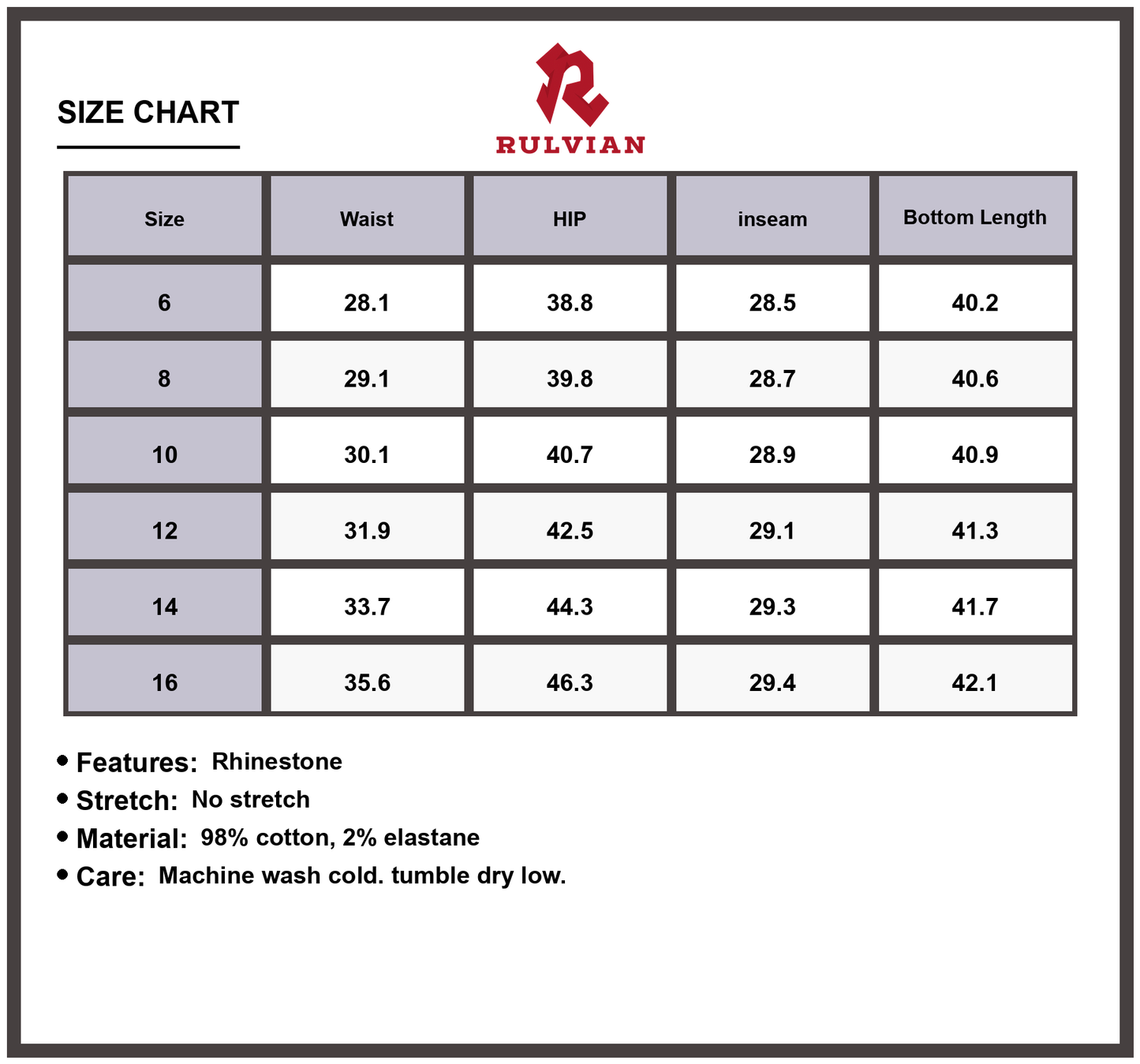 Size Chart - Women's Rhinestone Gradient Straight Leg Jeans High Quality Premium Durable Versatile Casual Everyday Fashion Apparel