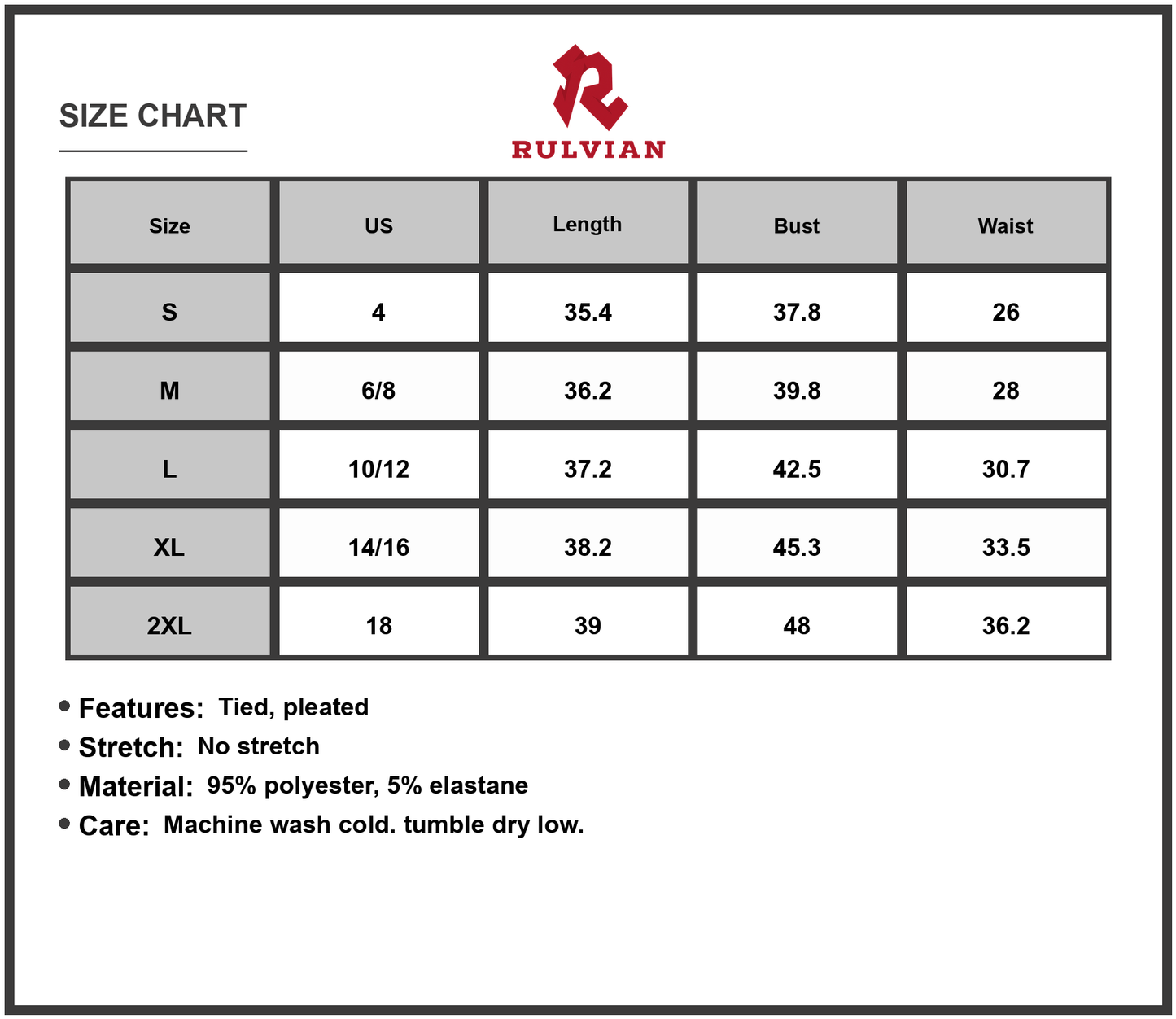 Size Chart - Women's Pleated Tie Waist Sleeveless Mini Dress 95% Polyester 5% Elastane Lightweight Summer Party Dress Elegant