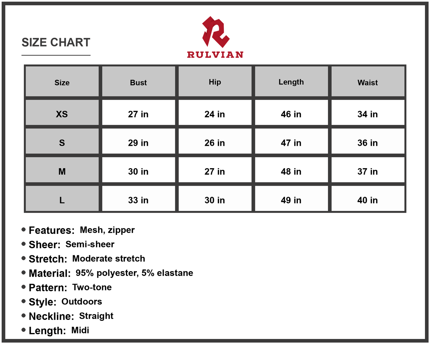 Size Chart - Women's Two-Tone Spaghetti Strap Mesh Dress with Straight Neckline Midi Casual Chic Zipper 95% polyester 5% elastane