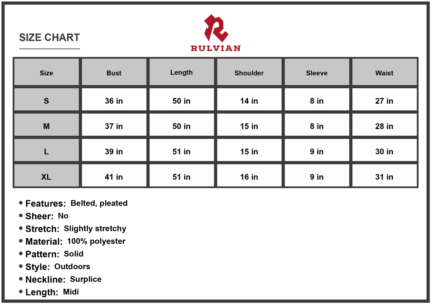 Size Chart - Women's Flutter Sleeve Belted Surplice Midi Dress 100% Polyester Fabric Perfect for Casual Elegant Everyday Wear