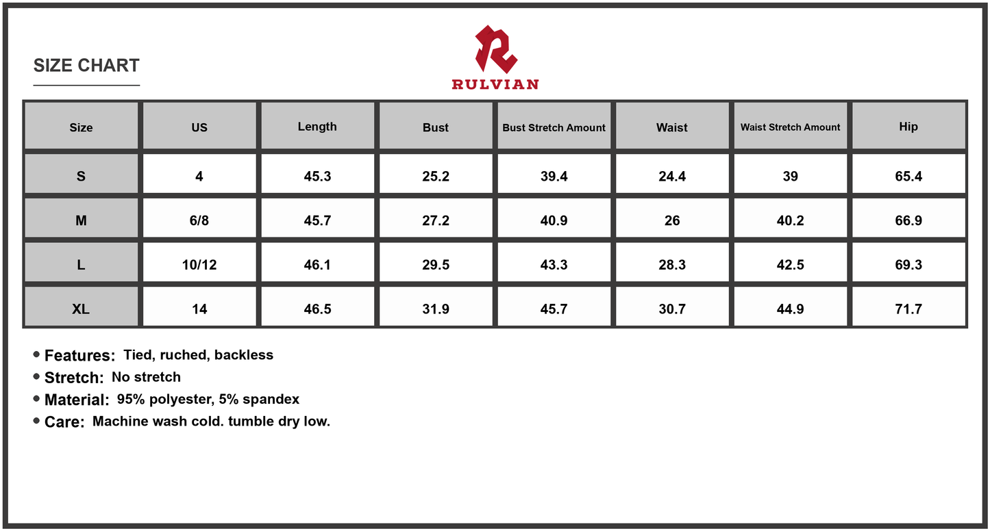 Size Chart - Women's Cutout Square Neck Midi Cami Dress with Ties and Ruched Backless Fit 95% Polyester 5% Spandex Imported Easy Care
