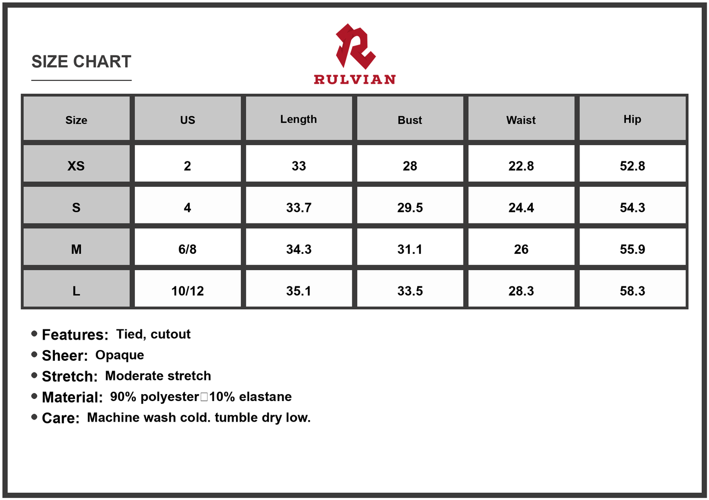 Size Chart - Women's Tied Cutout Single Shoulder Mini Dress with Stretch Silhouette ninety percent polyester and ten percent elastane