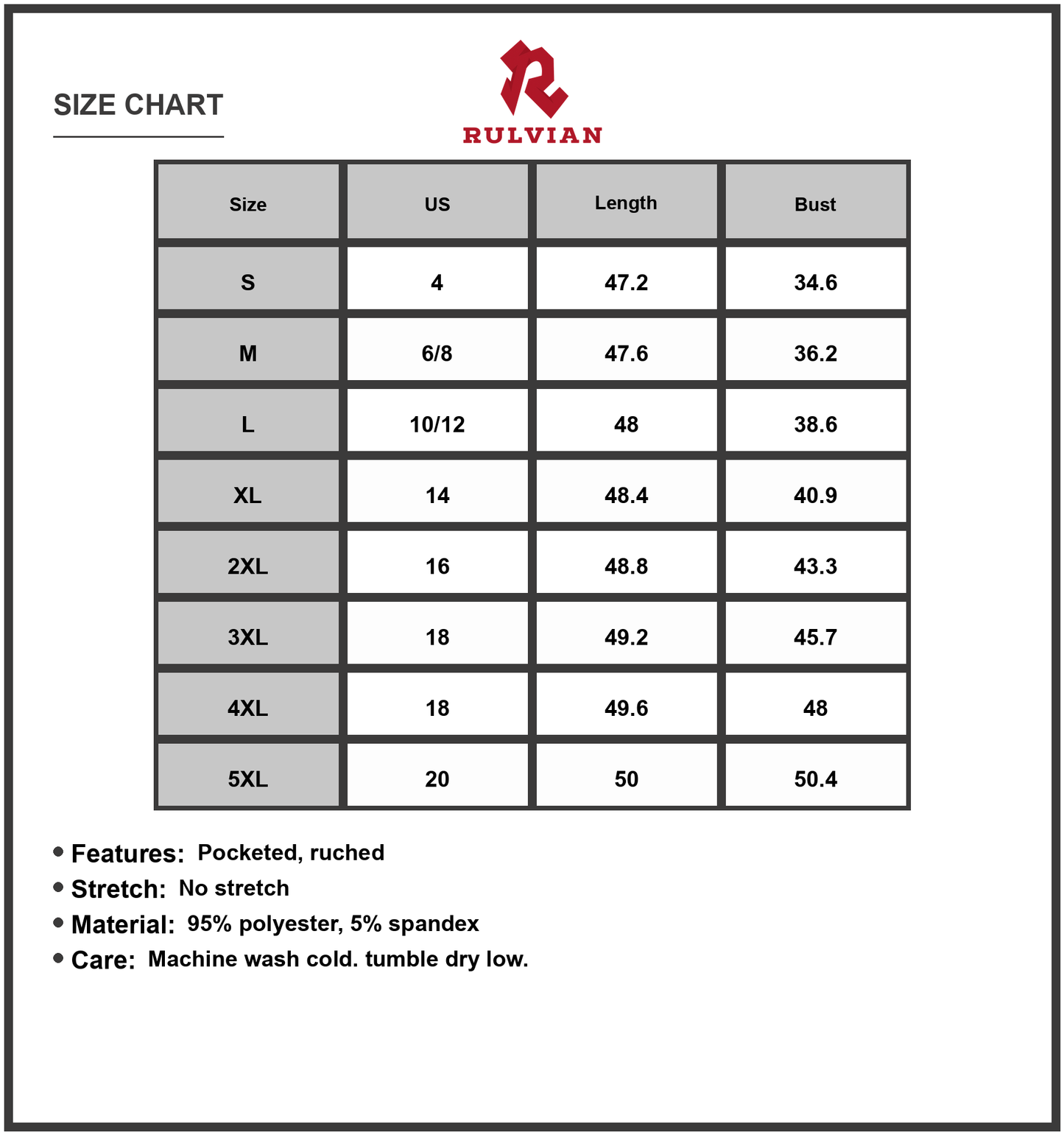 Size Chart - Women's Full Size V Neck Sleeveless Dress with Pockets Plus Size Casual Flattering Fit 95% Polyester 5% Spandex