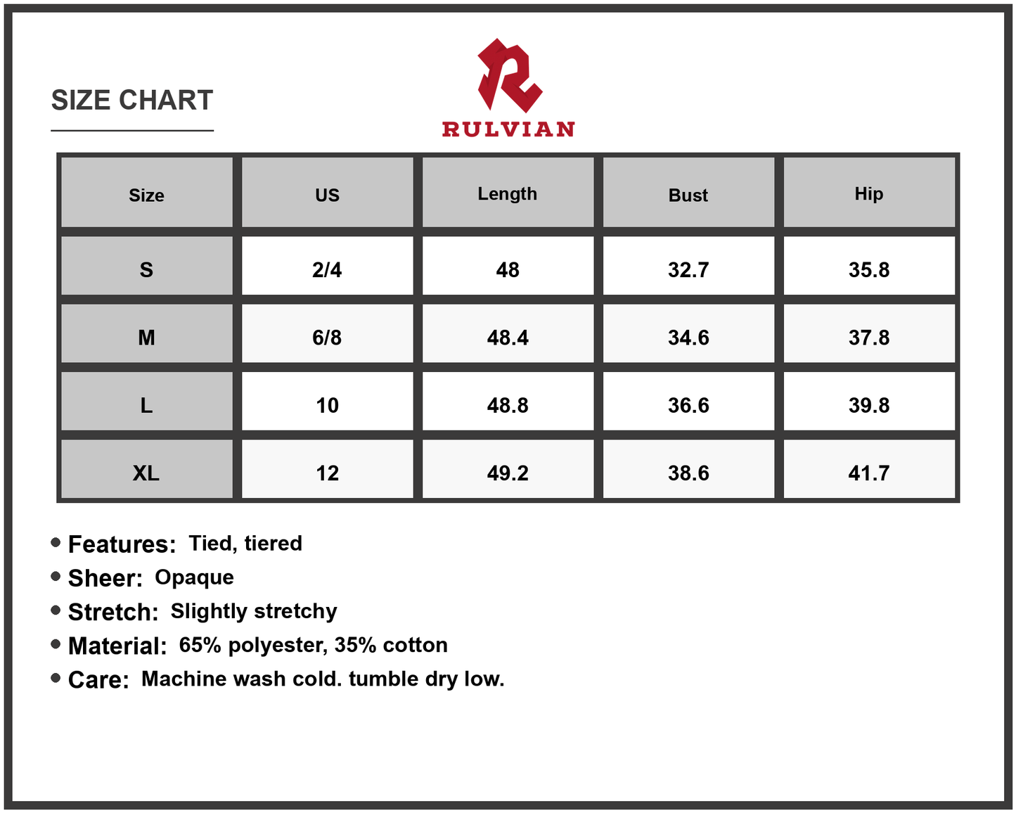 Size Chart - Women's Tied Tiered Short Sleeve Midi Dress with Sheer Overlay and Opaque Stretch Bodice 65% Polyester 35% Cotton Casual