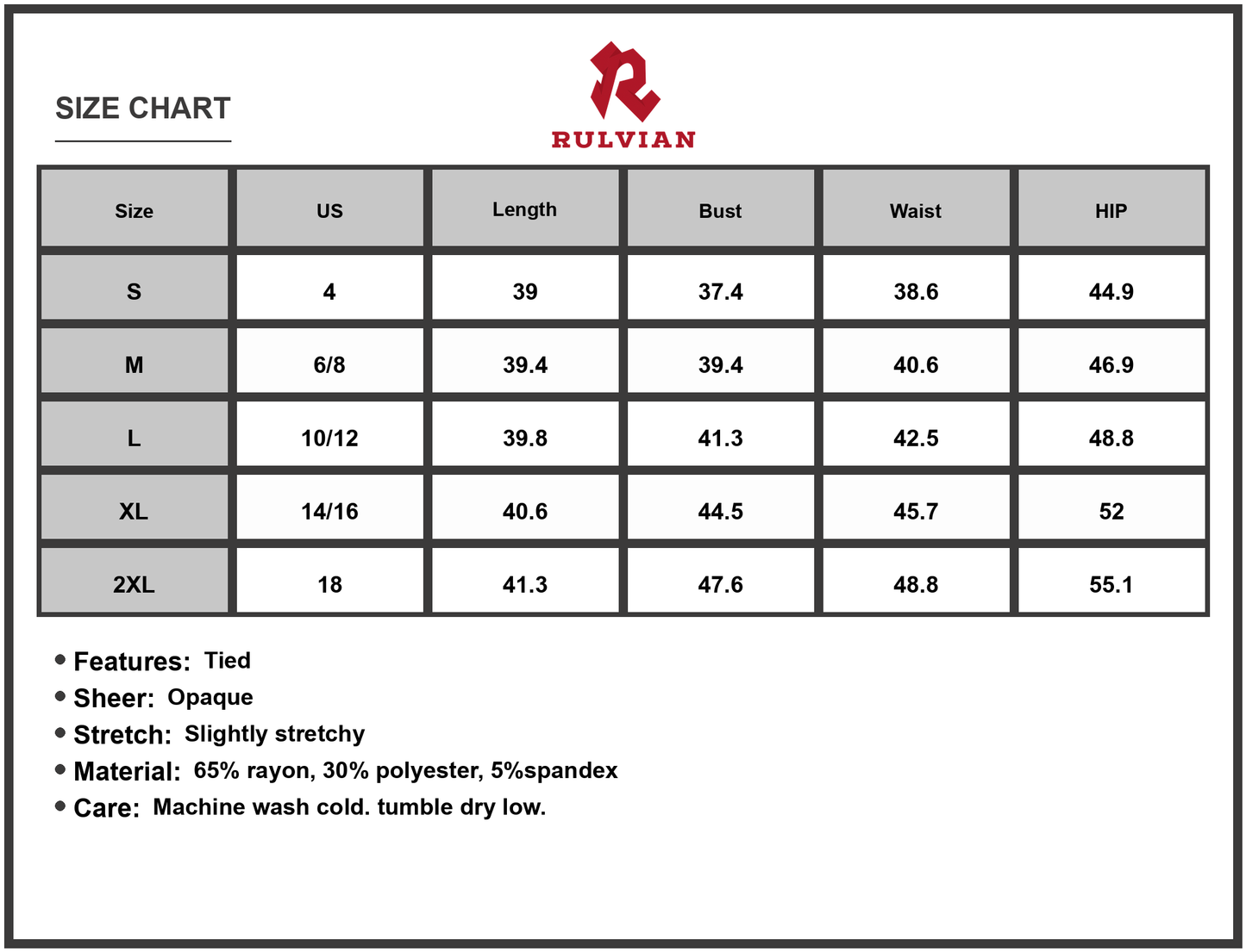 Size Chart - Women's Tied Round Neck Sleeveless Dress with Sheer Ties Opaque Stretch Fabric 65% rayon 30% polyester 5% spandex