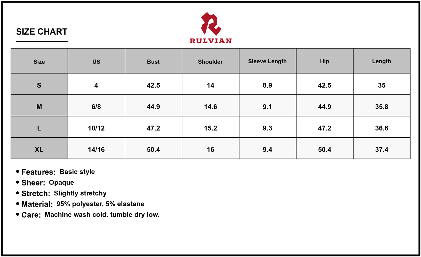 Size Chart - Women's Velvet Tie Neck Short Sleeve Mini Dress with 95% polyester and 5% elastane for a flowy elegant look with grace