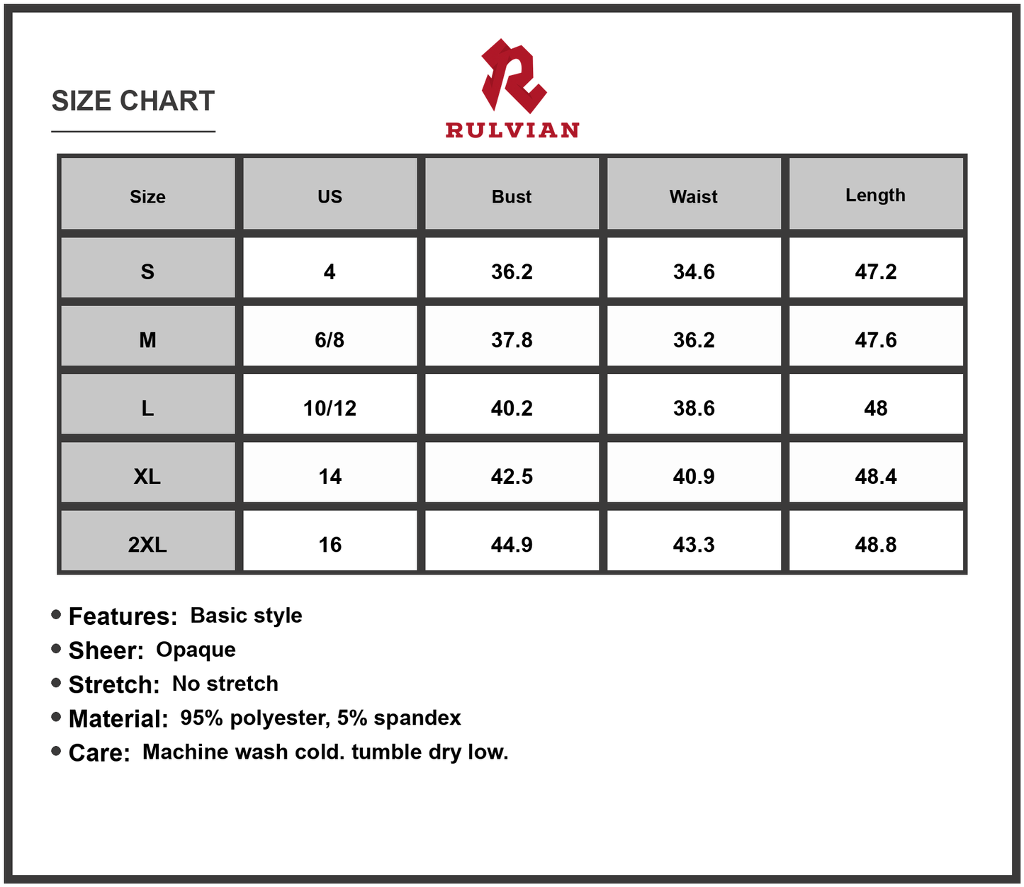 Size Chart - Women's Spaghetti Strap Maxi Dress 95% polyester 5% spandex Lightweight Flowing Beachwear Soft Perfect for Summer