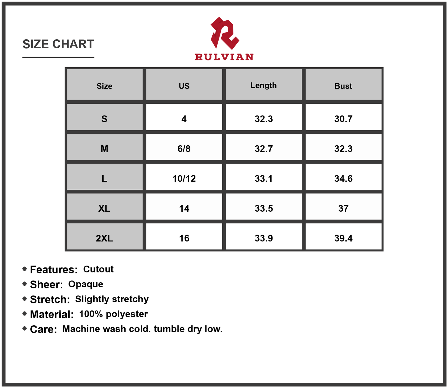 Size Chart - Women's Cutout Printed Round Neck Sleeveless Mini Dress with Sheer Accent Opaque Stretch Polyester Fabric Everyday