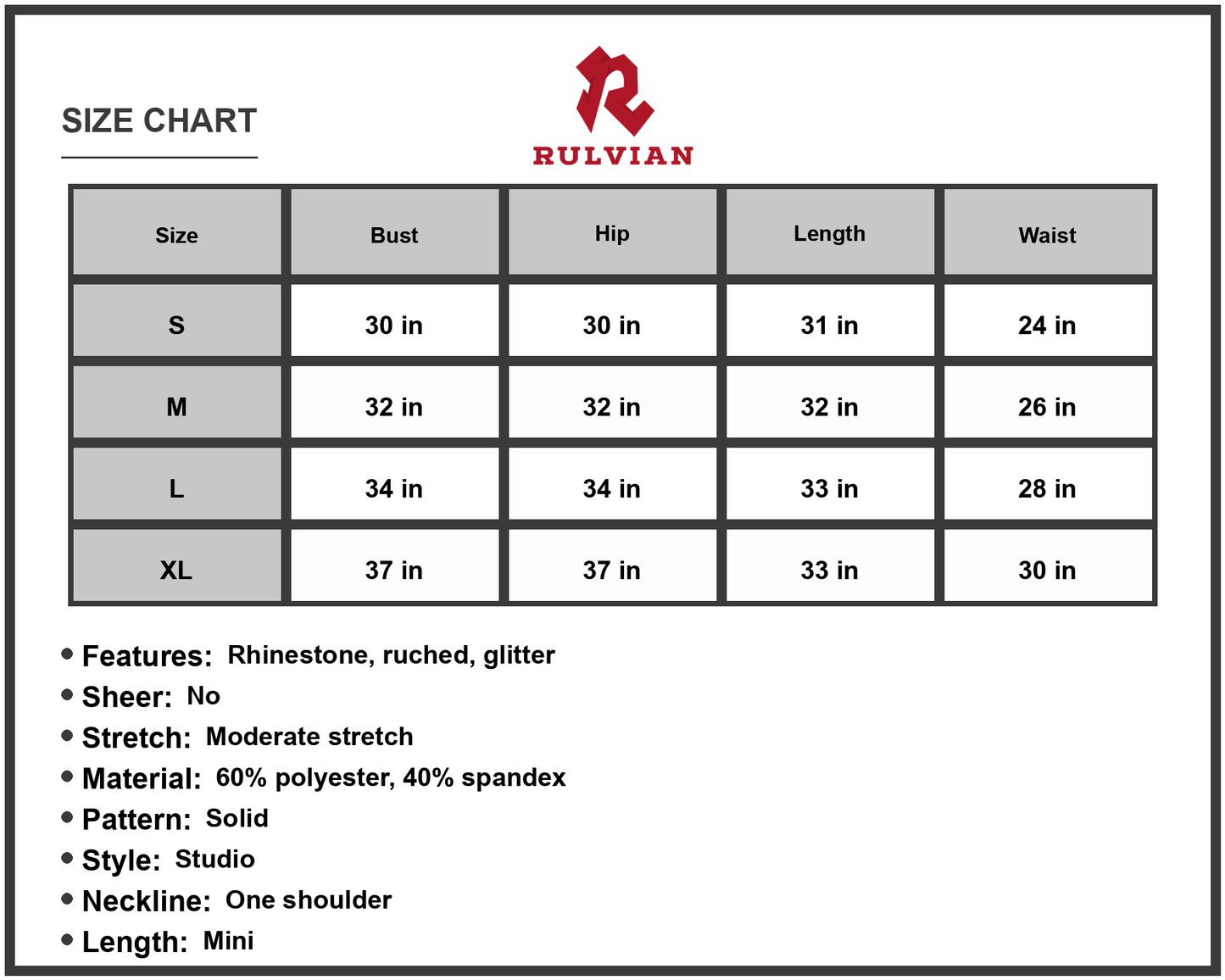 Size Chart - Women's Glitter Rhinestone Chain Detail Ruched One Shoulder Dress sixty percent polyester and forty percent spandex