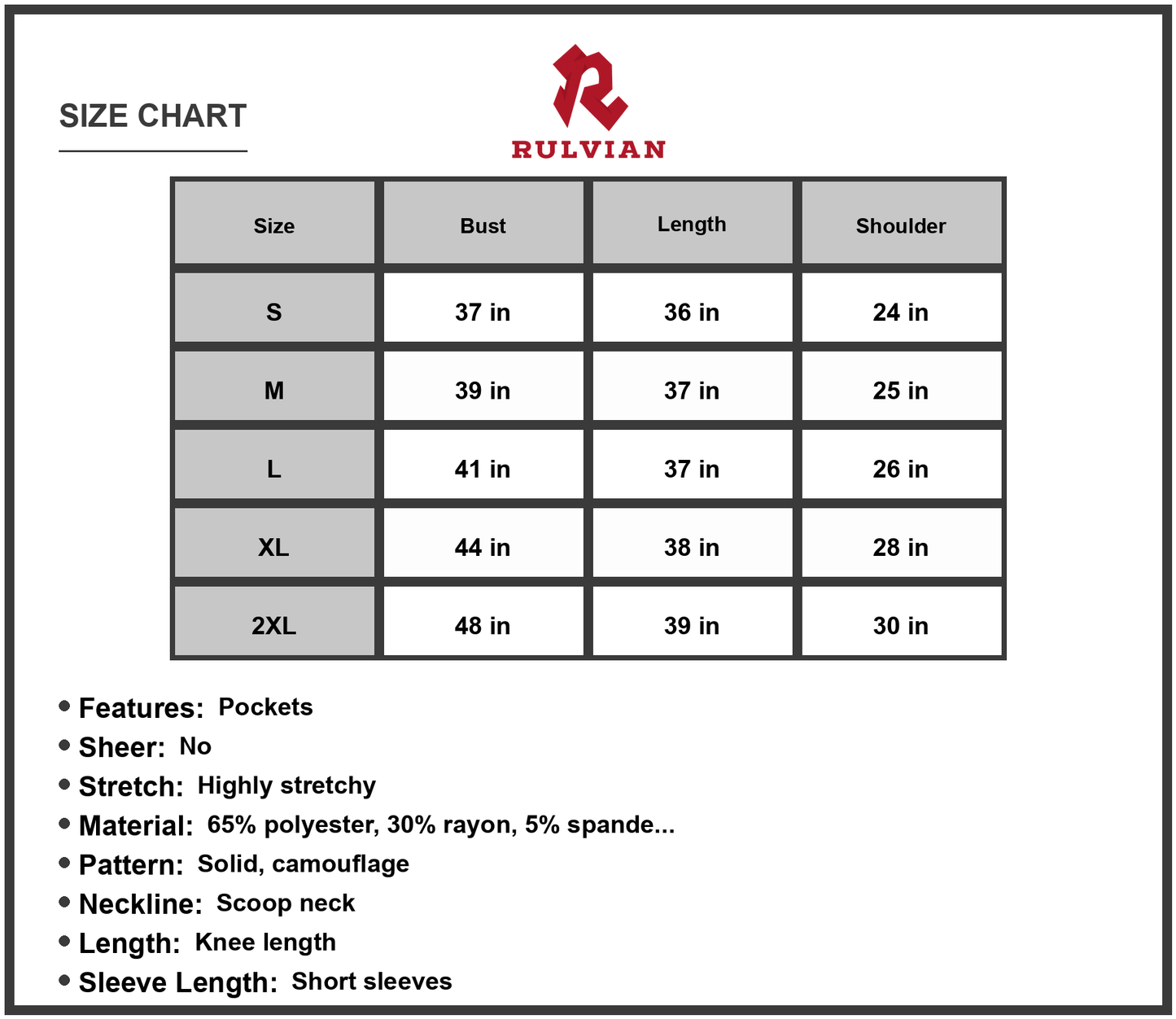 Size Chart - Women's Scoop Neck Short Sleeve Pocket Dress 65% Polyester 30% Rayon 5% Spandex Everyday Comfort Casual Everyday Wear