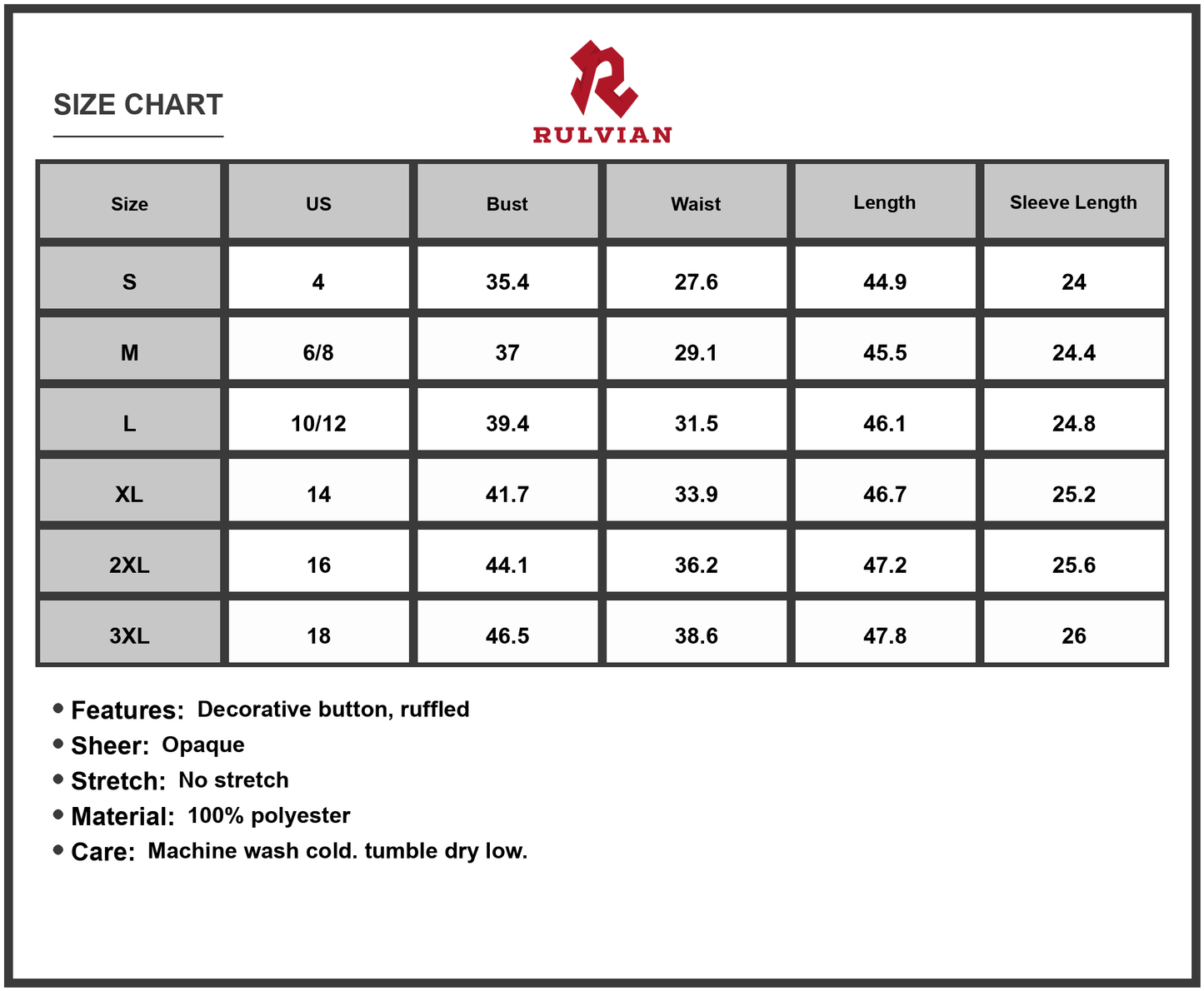 Size Chart - Women's Surplice Midi Dress with Long Sleeve Ruffled Sheer Details Decorative Button 100% Polyester for Everyday Wear