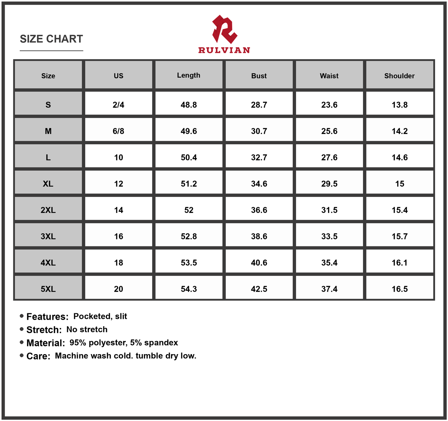 Size Chart - Women's Maxi Tank Dress with Round Neck and Slit Full Length Sleeveless Pocketed Plus Size 95% Polyester 5% Spandex