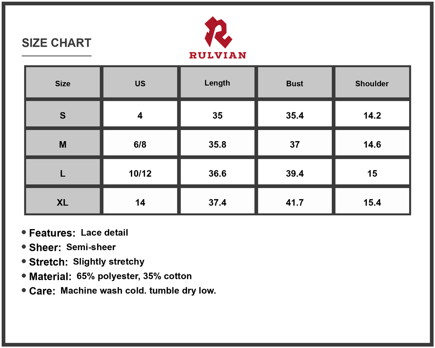 Size Chart - Women's Lace Detail Notched Sleeveless Mini Dress with Sheer Stretch Fabric 65% polyester 35% cotton Perfect for Party
