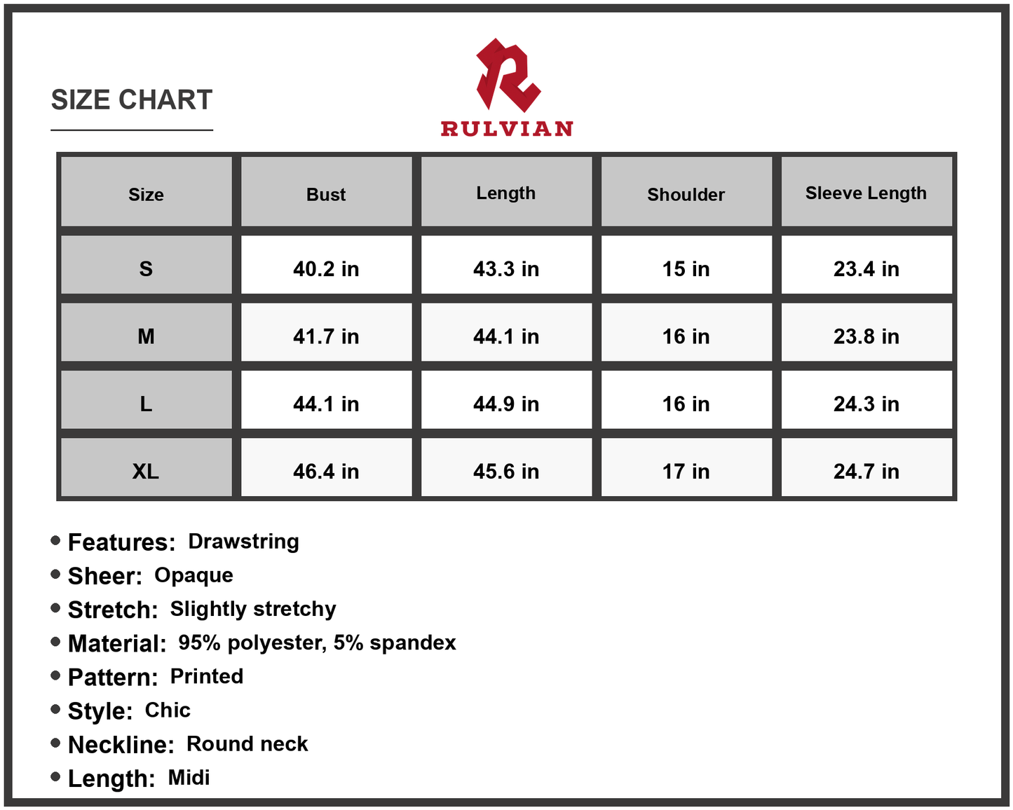 Size Chart - Women's Honey Printed Long Sleeve Midi Dress Round Neckline Drawstring Detail for Chic Elegant Everyday Casual Wear