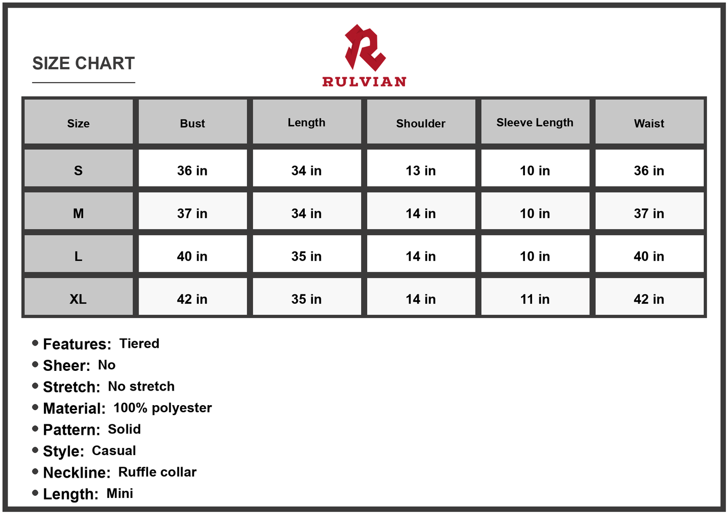 Size Chart - Women's Puff Sleeve Tiered Dress with Tie Back and Ruffle Collar Mini Hem in Polyester % Fabric for Casual Wear