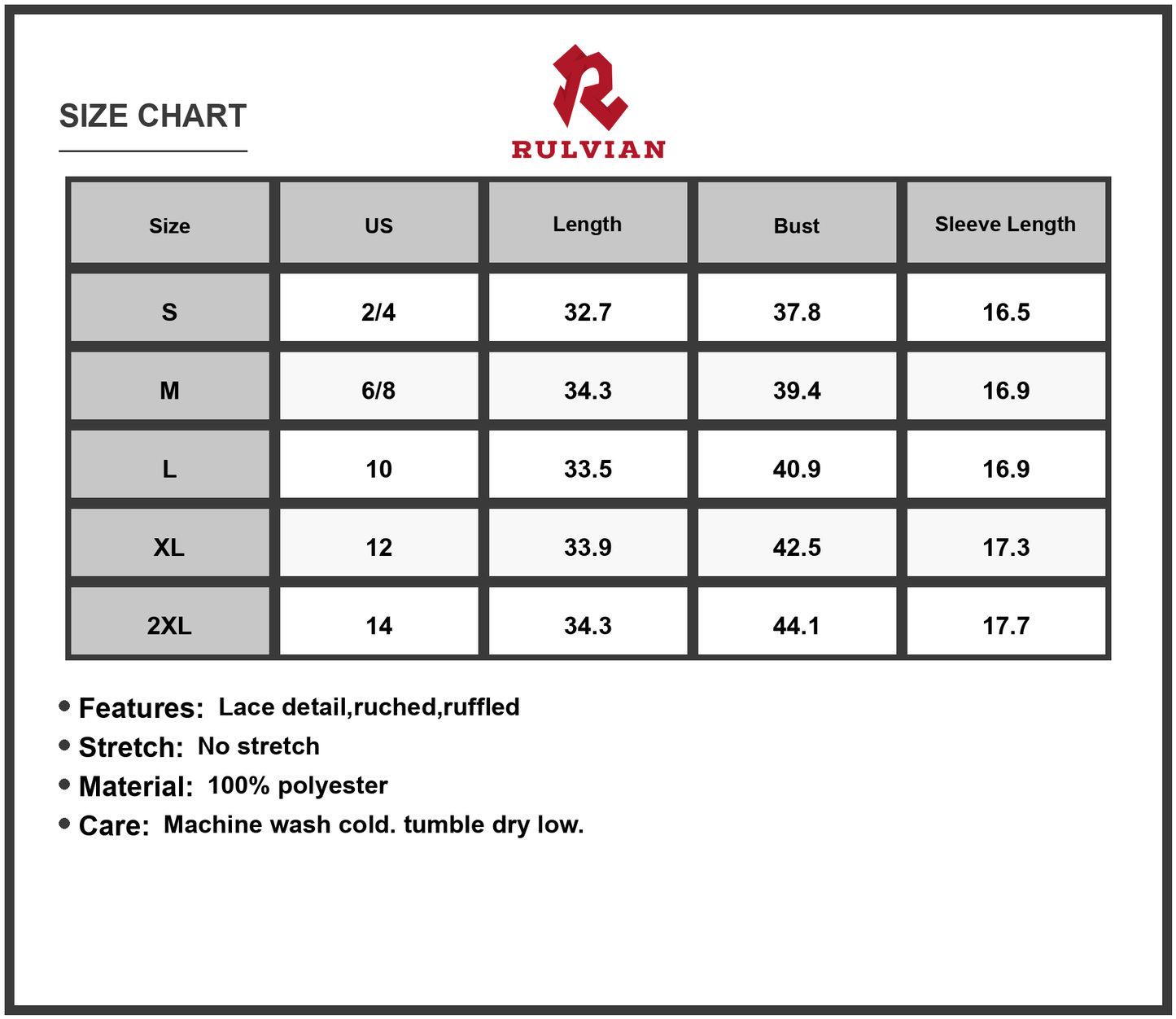 Size Chart - Women's V Neck Lace Trim Striped Babydoll Dress 100% Polyester Lightweight Comfortable Elegant Lace Details Silhouette