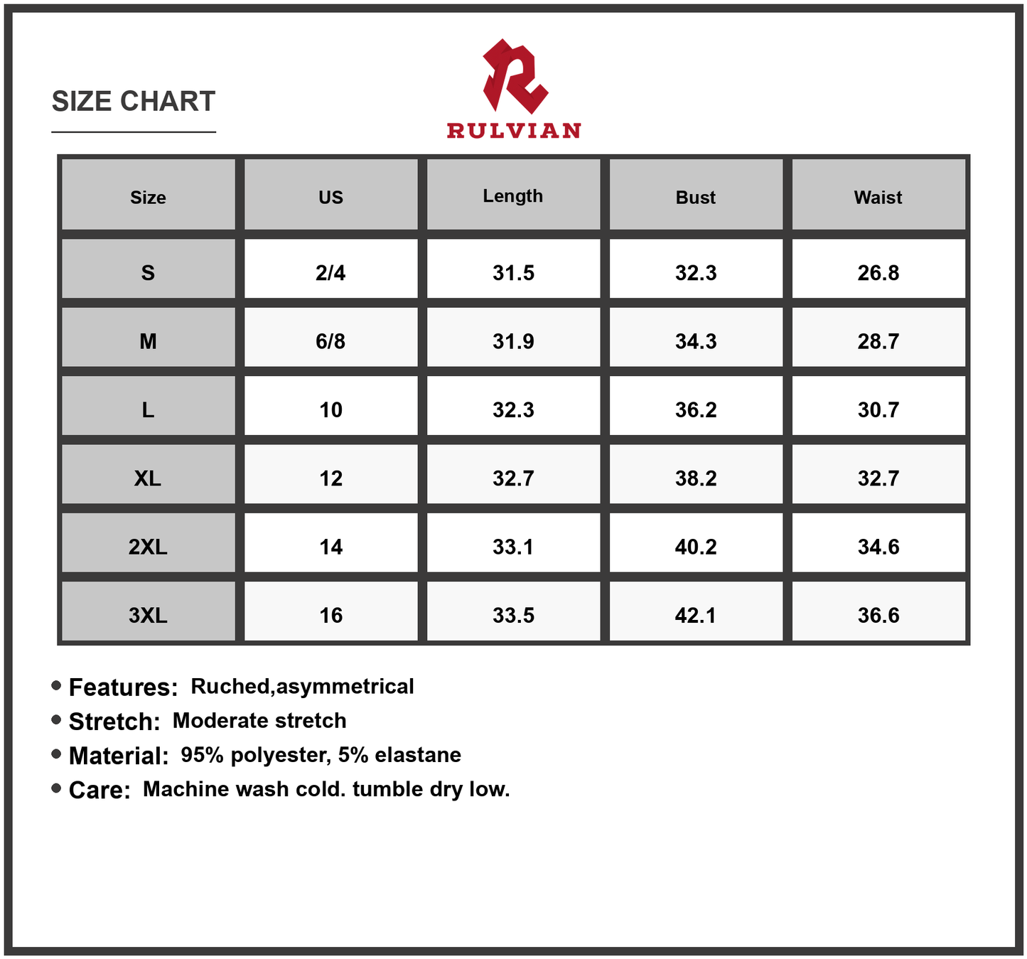 Size Chart - Women's Plus Size Ruched Round Neck Sleeveless Dress with Moderate Stretch 95% polyester and 5% elastane for comfort