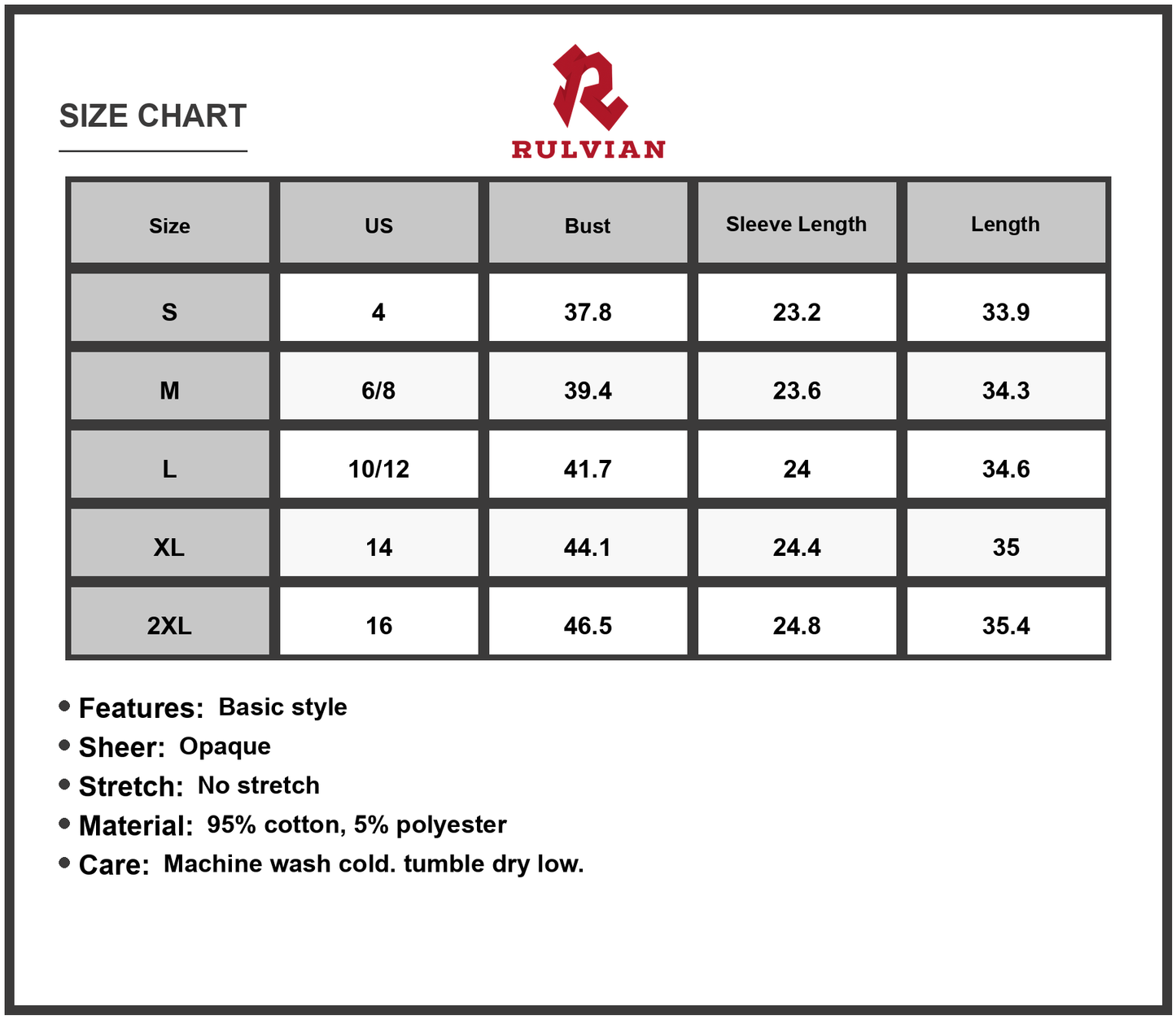 Size Chart - Women's Round Neck Long Sleeve Mini Dress with Classic Silhouette 95% Cotton 5% Polyester Comfortable Everyday Wear