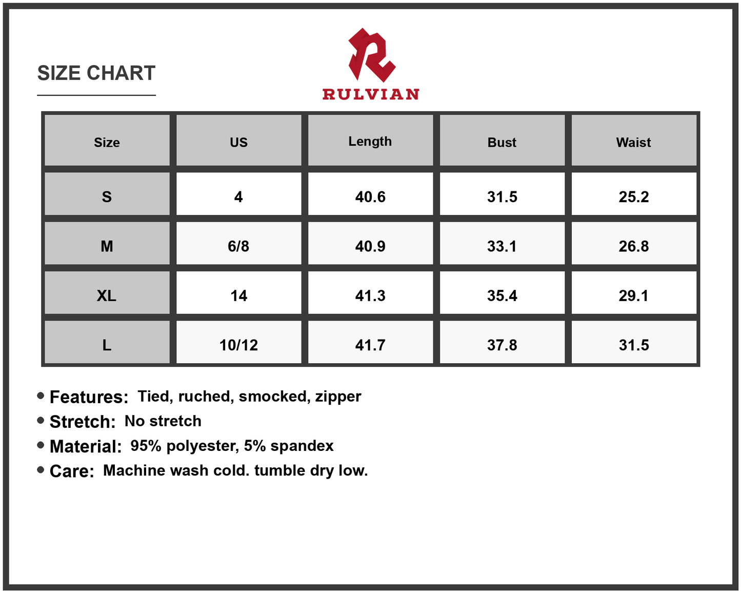 Size Chart - Women's Ruched Smocked Back Cami Dress with Tie Straps and Zipper Closure 95% Polyester 5% Spandex Lined Lightweight