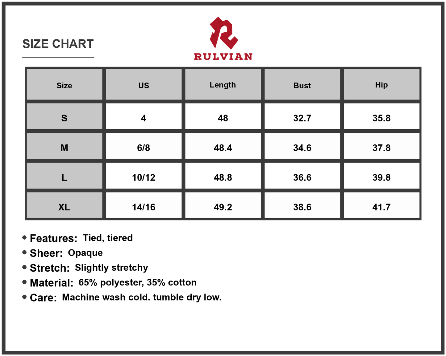 Size Chart - Women's Front Tie Short Sleeve Tiered Midi Dress Soft Flowy Skirt with Layered Silhouette 65% polyester 35% cotton