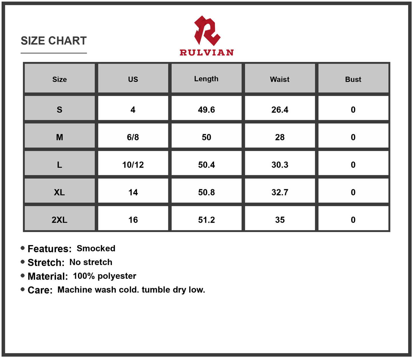 Size Chart - Women's Printed Spaghetti Strap Maxi Dress with Pockets 100% Polyester Lightweight Flowing Summer Style Casual Occasion