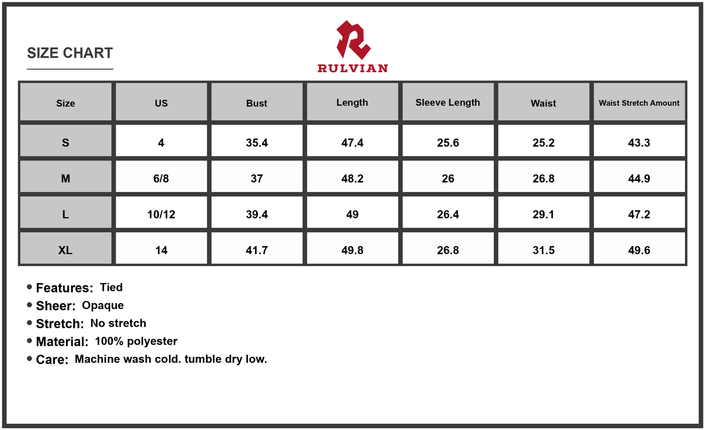 Size Chart - Women's Printed Surplice Long Sleeve Midi Dress with Tie Front and Draped Silhouette in 100% Polyester Fabric