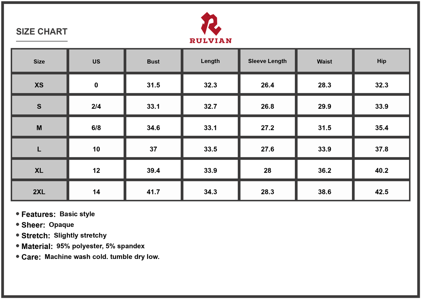Size Chart - Women's Mock Neck Long Sleeve Mini Dress 95% polyester 5% spandex Opaque Stretchy Lightweight Everyday Wear for versatile styling