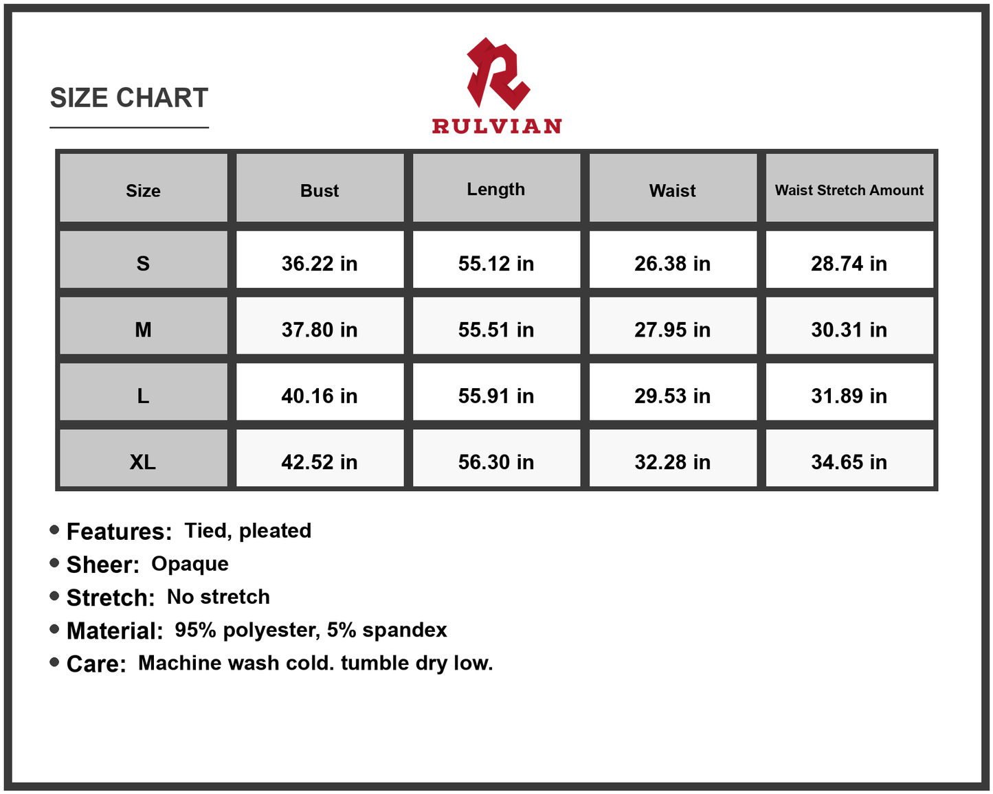 Size Chart - Women's tied surplice cap sleeve pleated dress 95% polyester 5% spandex fabric machine wash cold tumble dry low