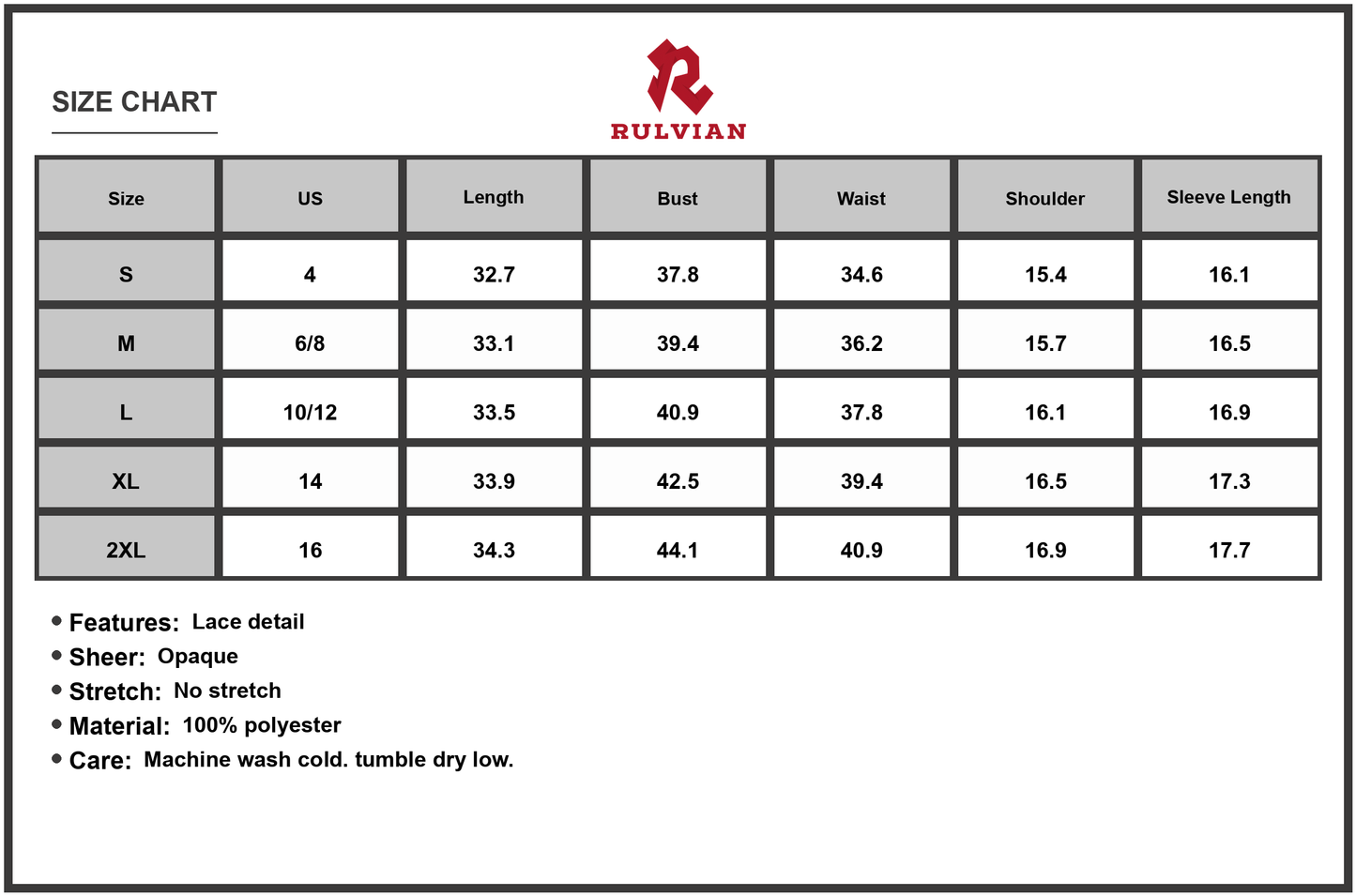 Size Chart - Women's Lace Detail Printed Dress with Three Quarter Sleeve in Polyester % Fabric for Everyday Comfort and Easy Care