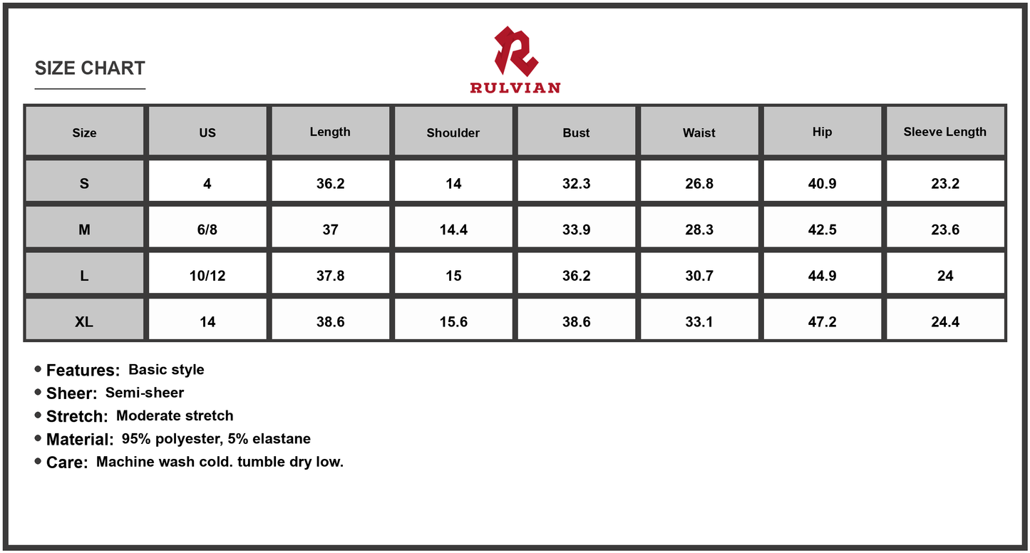 Size Chart - Women's square neck long sleeve mini dress with 95% polyester fabric and 5% elastane fabric for a semi sheer look