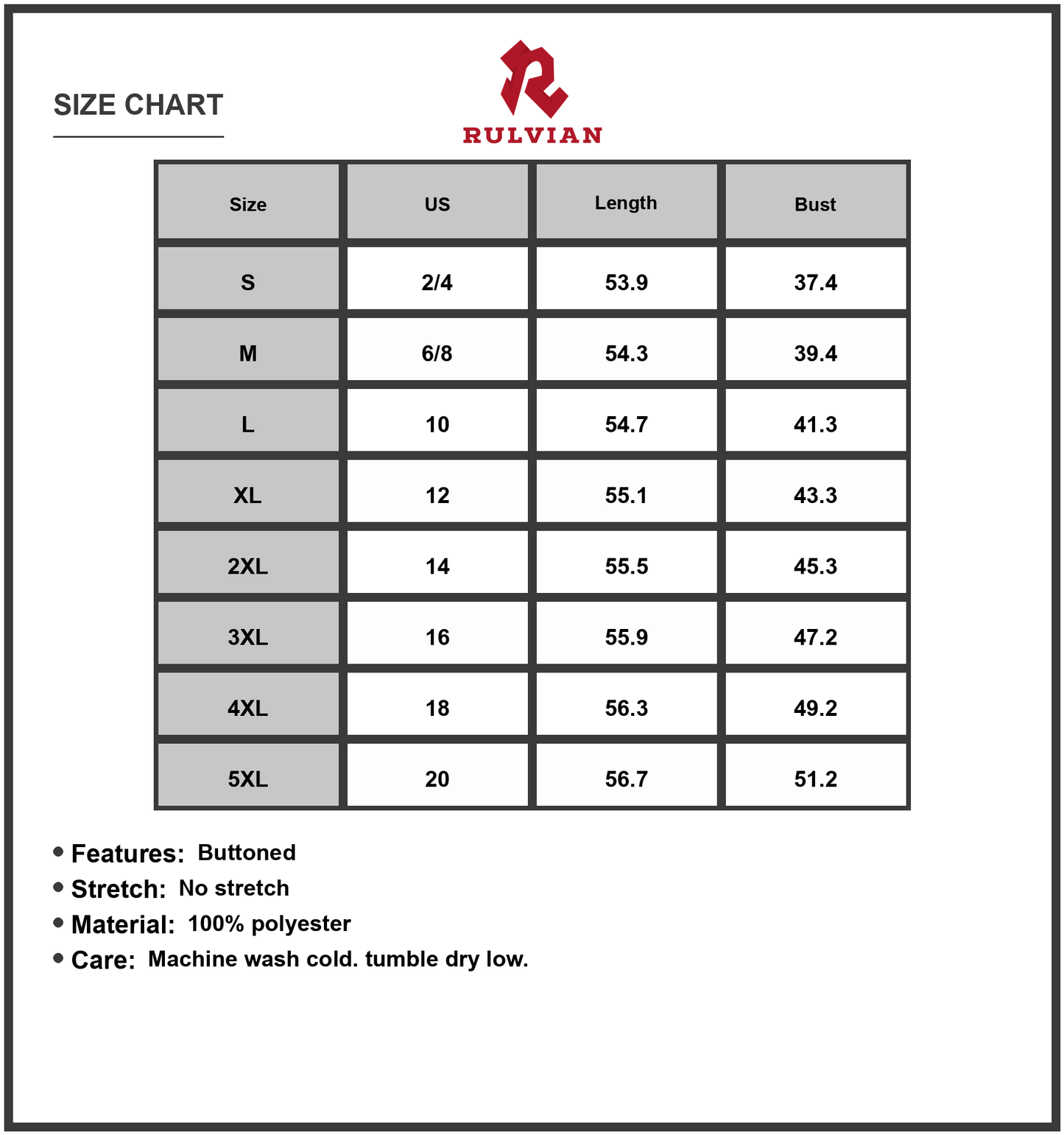 Size Chart - Women's Relaxed Fit Short Sleeve Dress 100% Polyester Full Size Plus Size Everyday Comfort Easy Care All Day Comfort