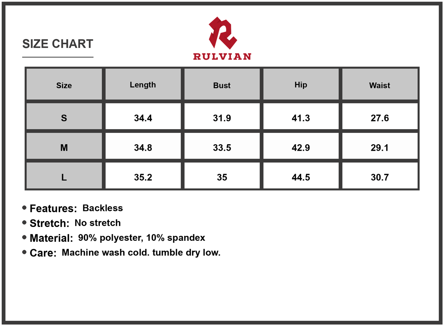 Size Chart - Women's Ruched Neck Backless Mini Dress with Stretch Ninety Percent Polyester and Ten Percent Spandex for Evening Wear