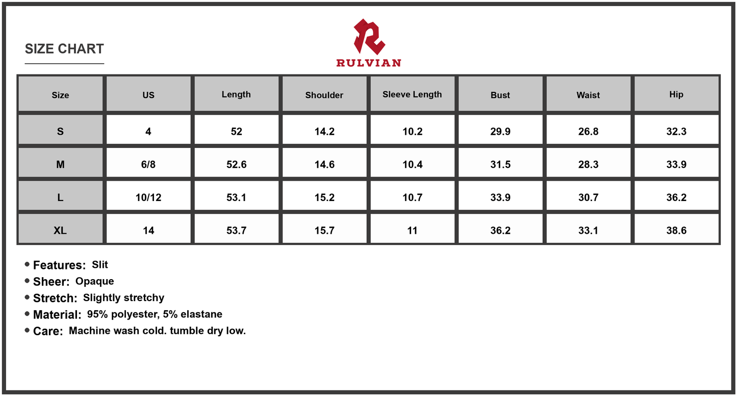 Size Chart - Women's Slit Openwork V Neck Dress with Sheer and ninety five percent polyester and five percent elastane fabric