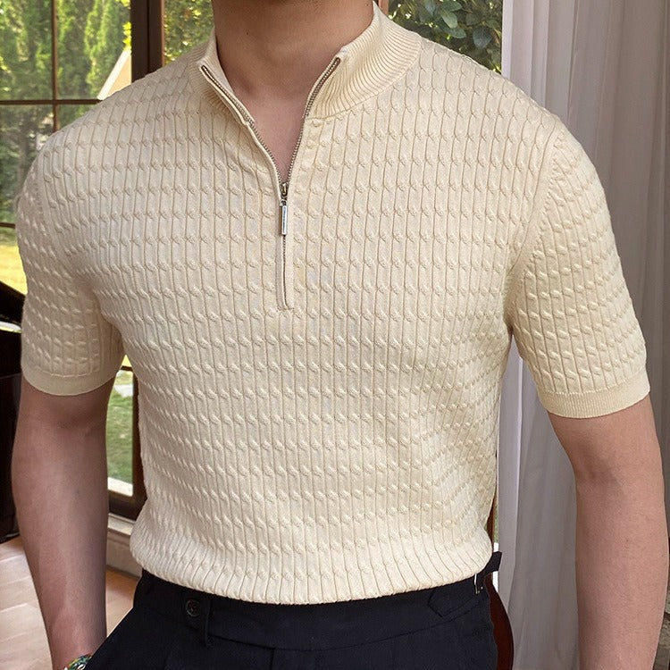 Men's Beige Stand Collar Knitwear Top Made With 100% Polyester Fabric For Daily Casual Wear And Comfort