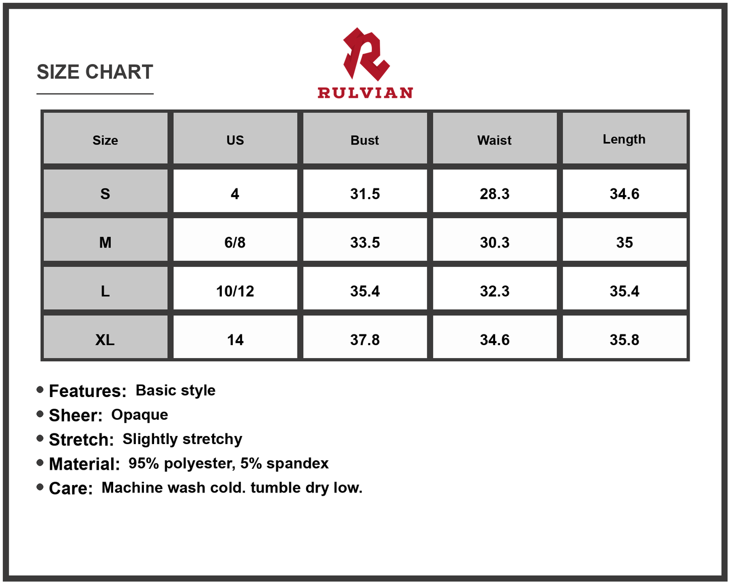 Size Chart - Women's Ruched Mock Neck Long Sleeve Dress 95% Polyester 5% Spandex Blend for Chic Evening and Everyday Wear versatile