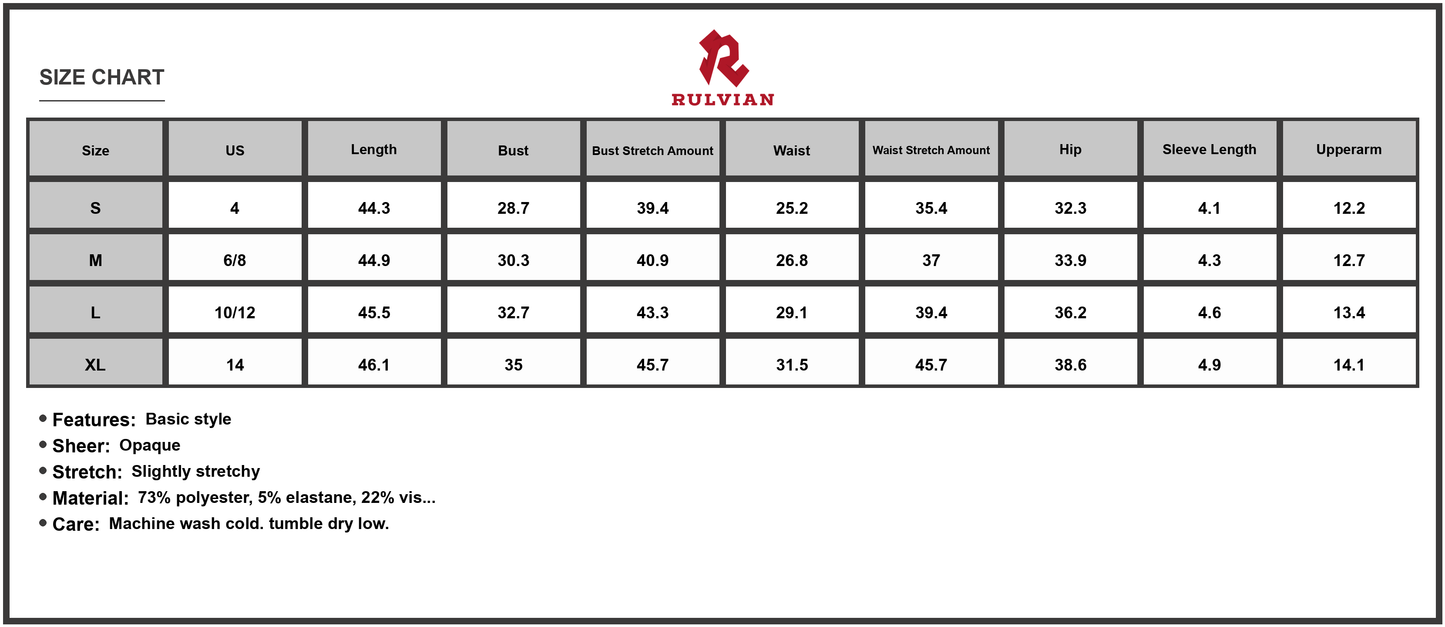 Size Chart - Women's Square Neck Cap Sleeve Midi Dress with Sheer Lightweight Fabric 73% Polyester 5% Elastane 22% Viscose