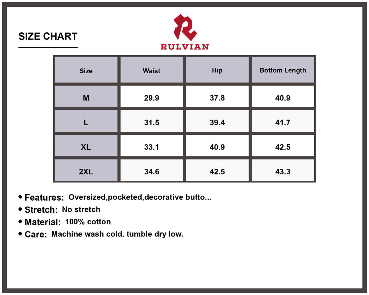 Size Chart - Men's Embroidered Wide Leg Baggy Jeans with Pockets Premium Casual Relaxed Fit Durable Oversized Trousers for Men