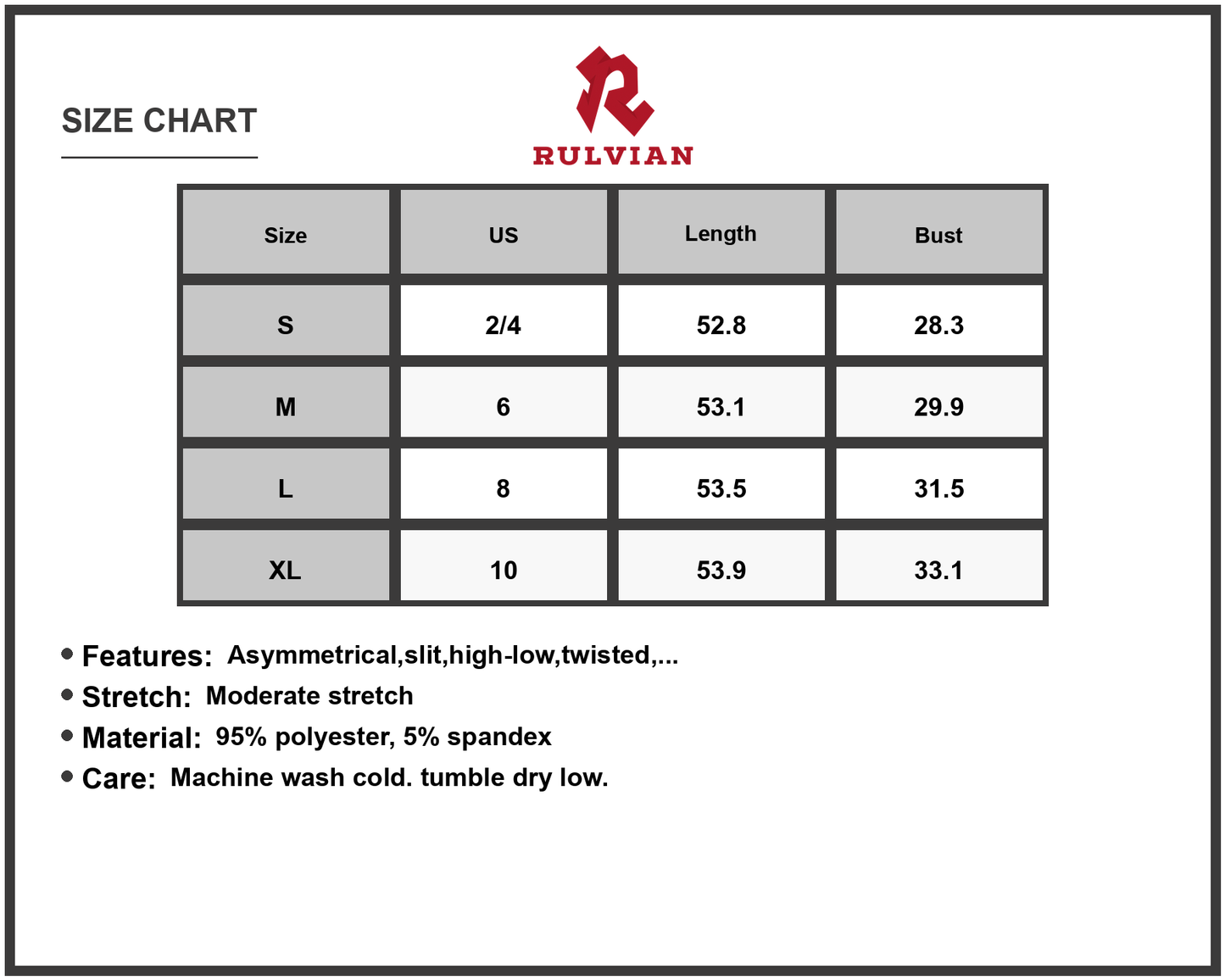 Size Chart - Women's One Shoulder Maxi Dress with Twist Detail and Slit High Low Asymmetric Look Ready 95% Polyester 5% Spandex