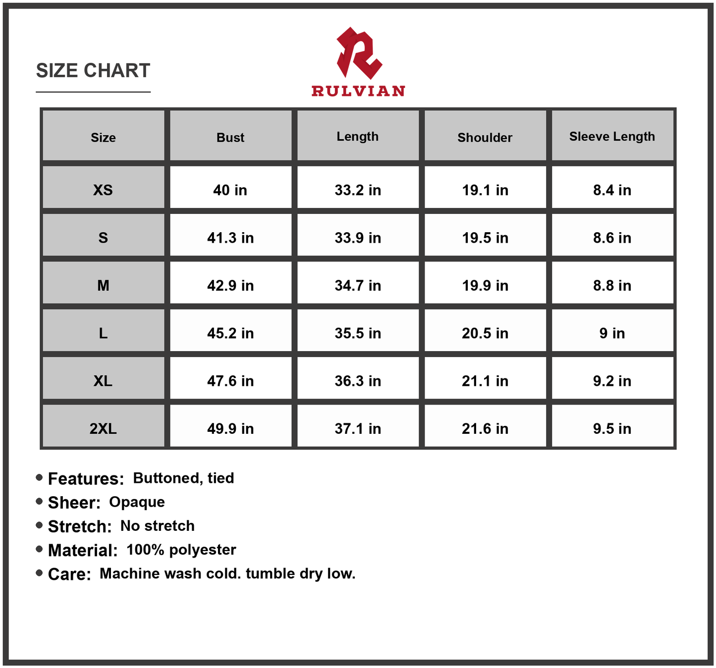 Size Chart - Women's Shiny Tie Waist Collared Dress Buttoned Front Sheer Bodice with Soft Flowing Skirt 100% Polyester Fabric