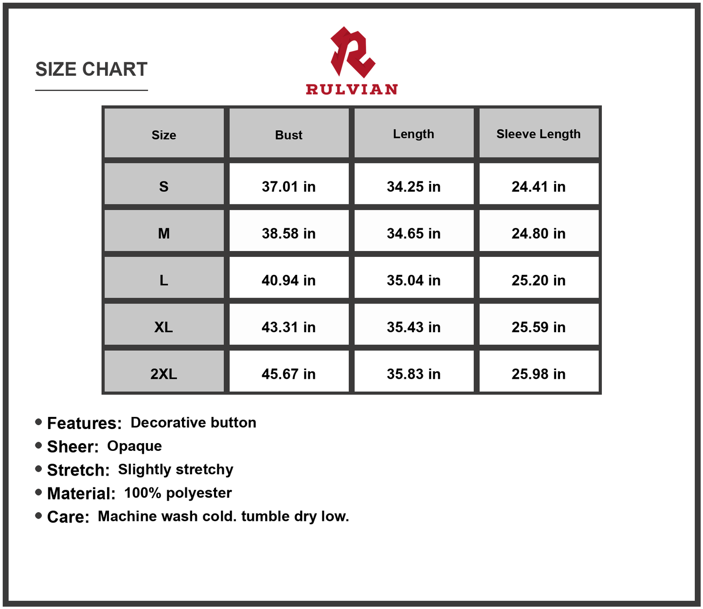 Size Chart - Women's Decorative Button Round Neck Dress with Sheer Overlay and Slight Stretch 100% Polyester Fabric For Everyday Wear