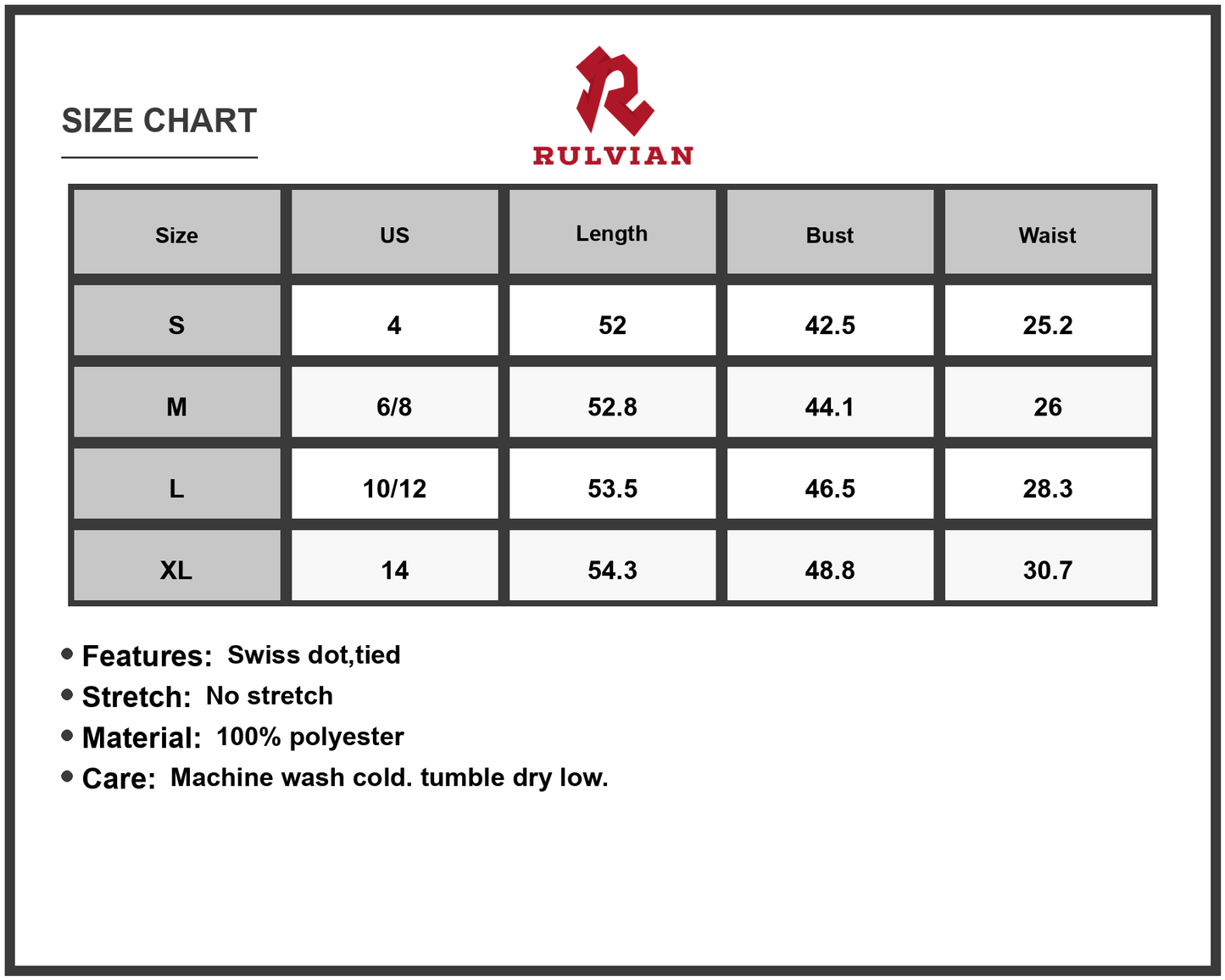 Size Chart - Women's Swiss Dot Off Shoulder Maxi Dress 100% Polyester Lightweight Flowing Full Length Silhouette for Summer