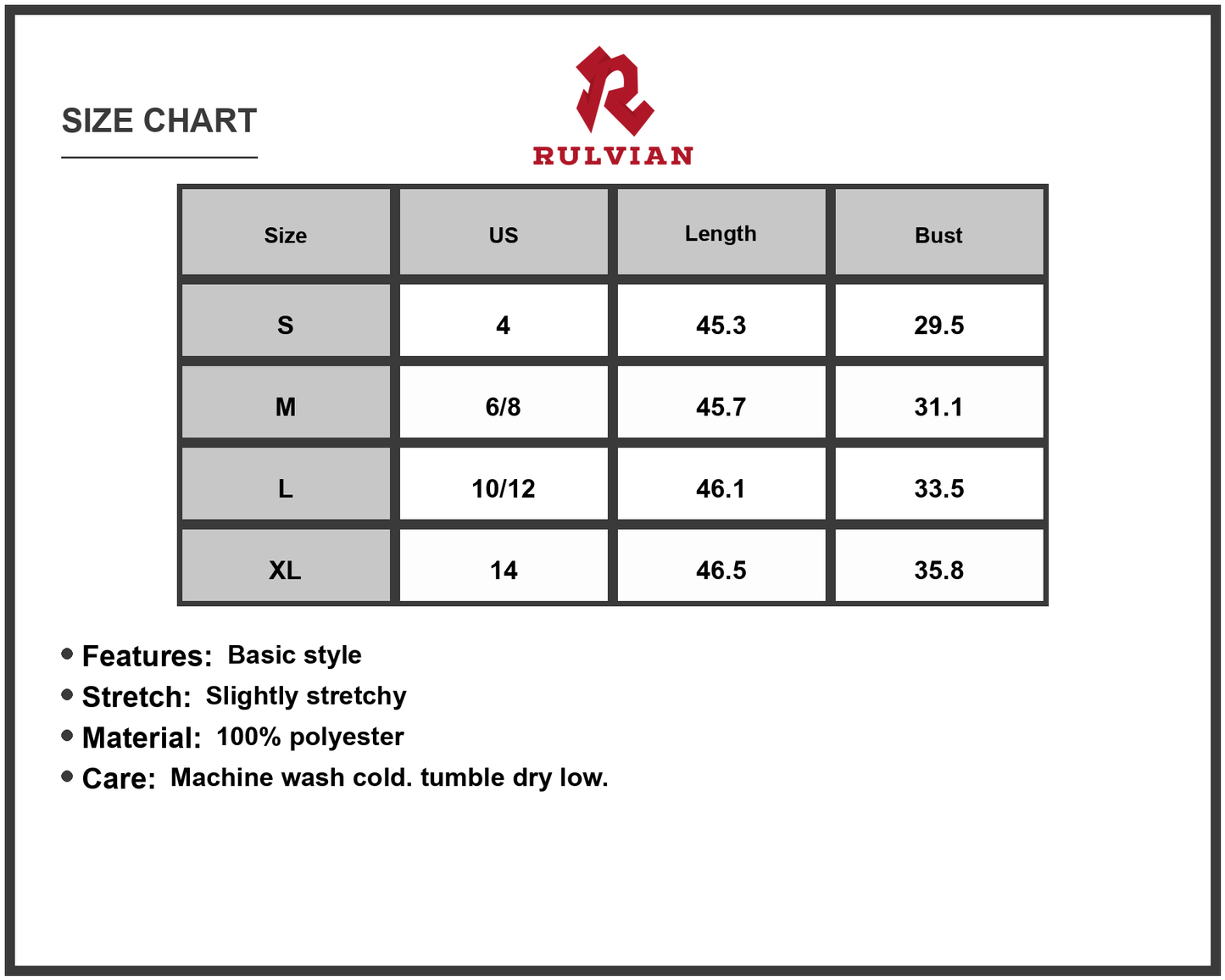Size Chart - Women's Ribbed Bodice Sleeveless Midi Dress 100% Polyester Fabric Stretchy Lightweight Everyday Wear Easy Care Daily