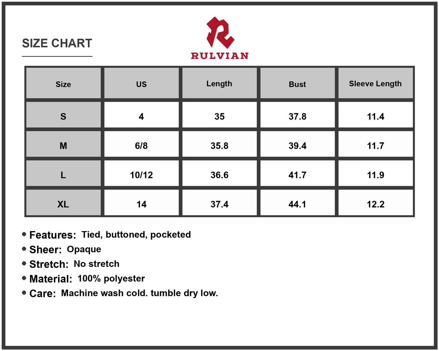 Size Chart - Women's Tie Waist Button Down Short Sleeve Mini Dress with Pockets 100% Polyester Fabric Versatile Everyday Wear
