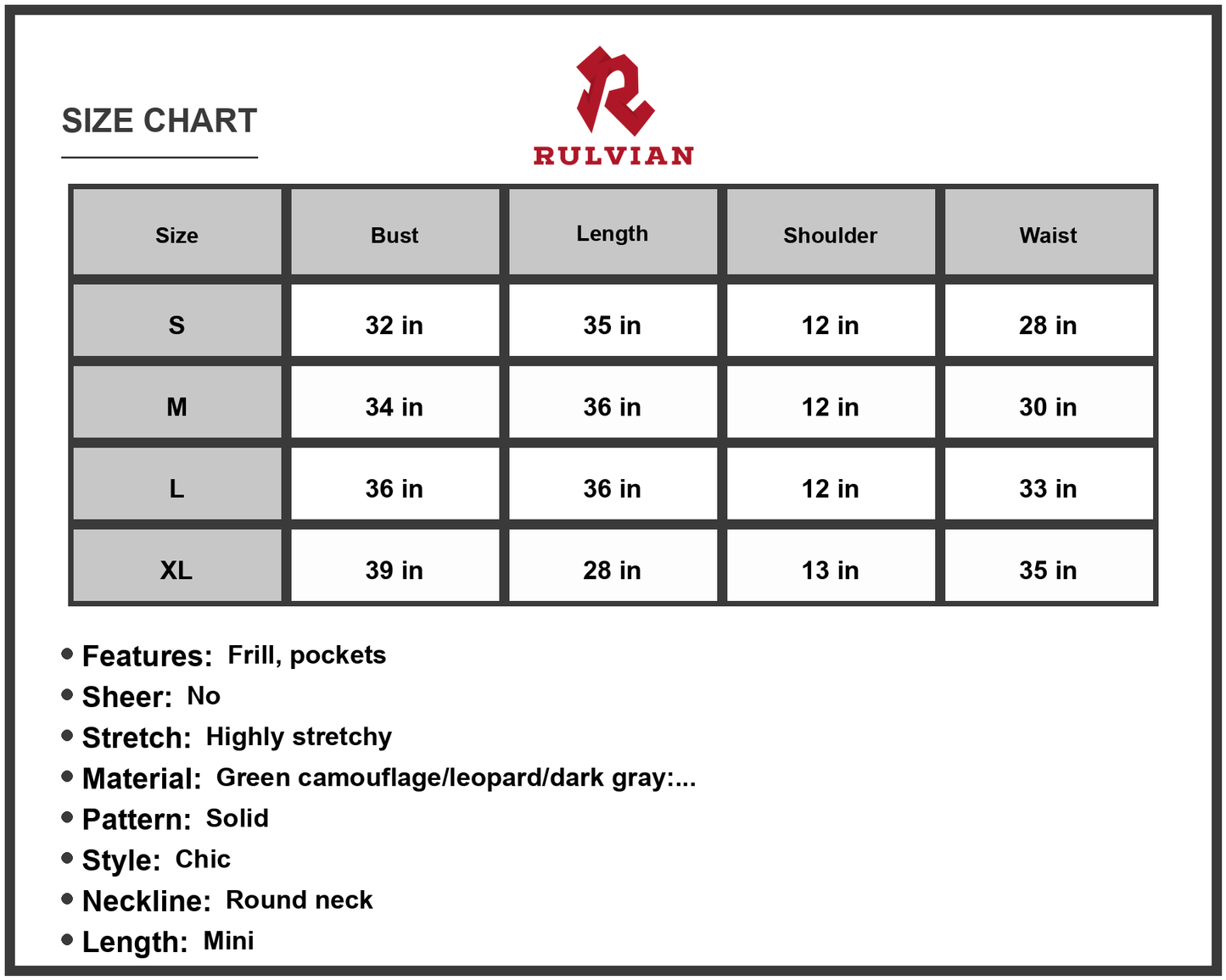 Size Chart - Women's Flounce Sleeve Round Neck Dress with Pockets Mini Length Short Sleeves 65% polyester 30% viscose 5% elastane