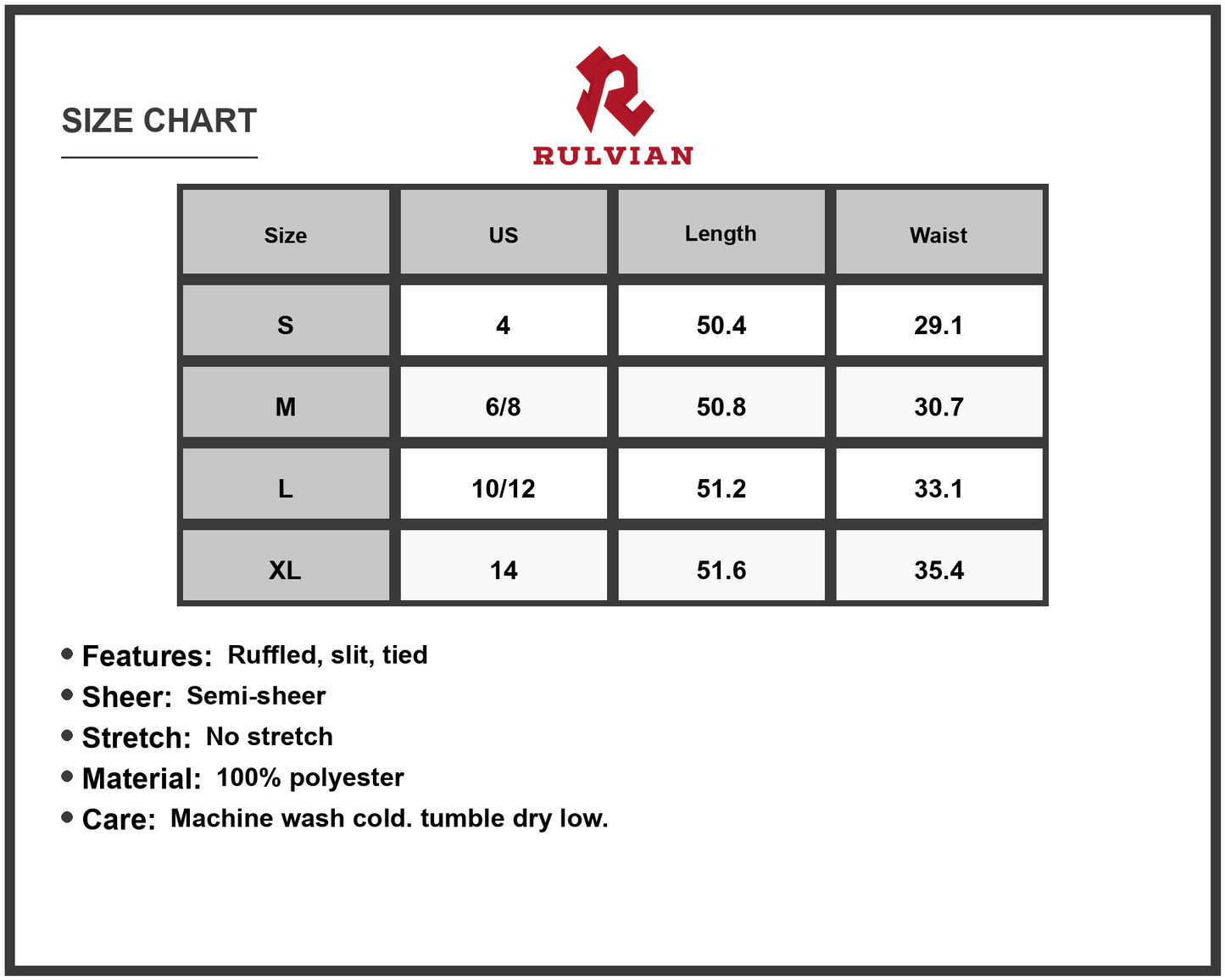 Size Chart - Women's Cutout Ruffled Cap Sleeve Maxi Dress for Summer Party Occasion with 60% Polyester 40% Nylon Sleek Look