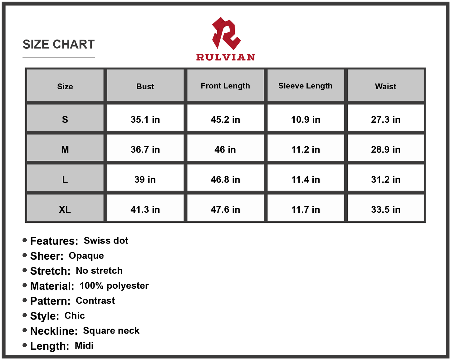 Size Chart - Women's Swiss Dot Off Shoulder Midi Dress with Puff Sleeves Slit Front Neckline Hem Fabric % Polyester Chic Silhouette