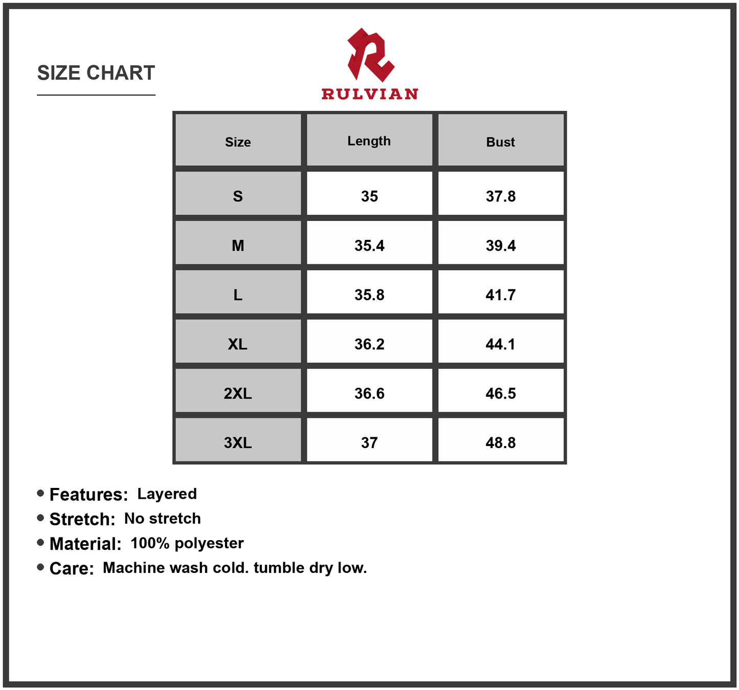 Size Chart - Women's Full Size Layered Long Sleeve Mini Dress with No Stretch Unlined Bodice Plus Size Friendly 100% Polyester