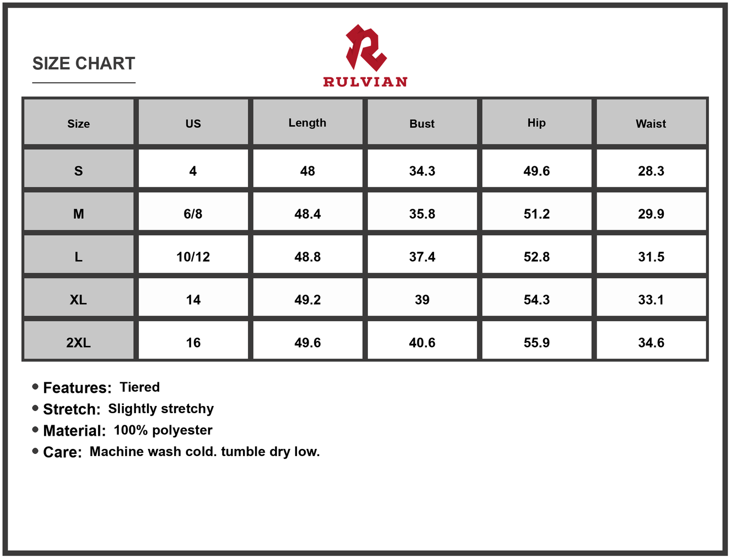 Size Chart - Women's Floral Halter Neck Tiered Maxi Dress with Slight Stretch and Partially Lined Bodice for Elegant Summer Wear