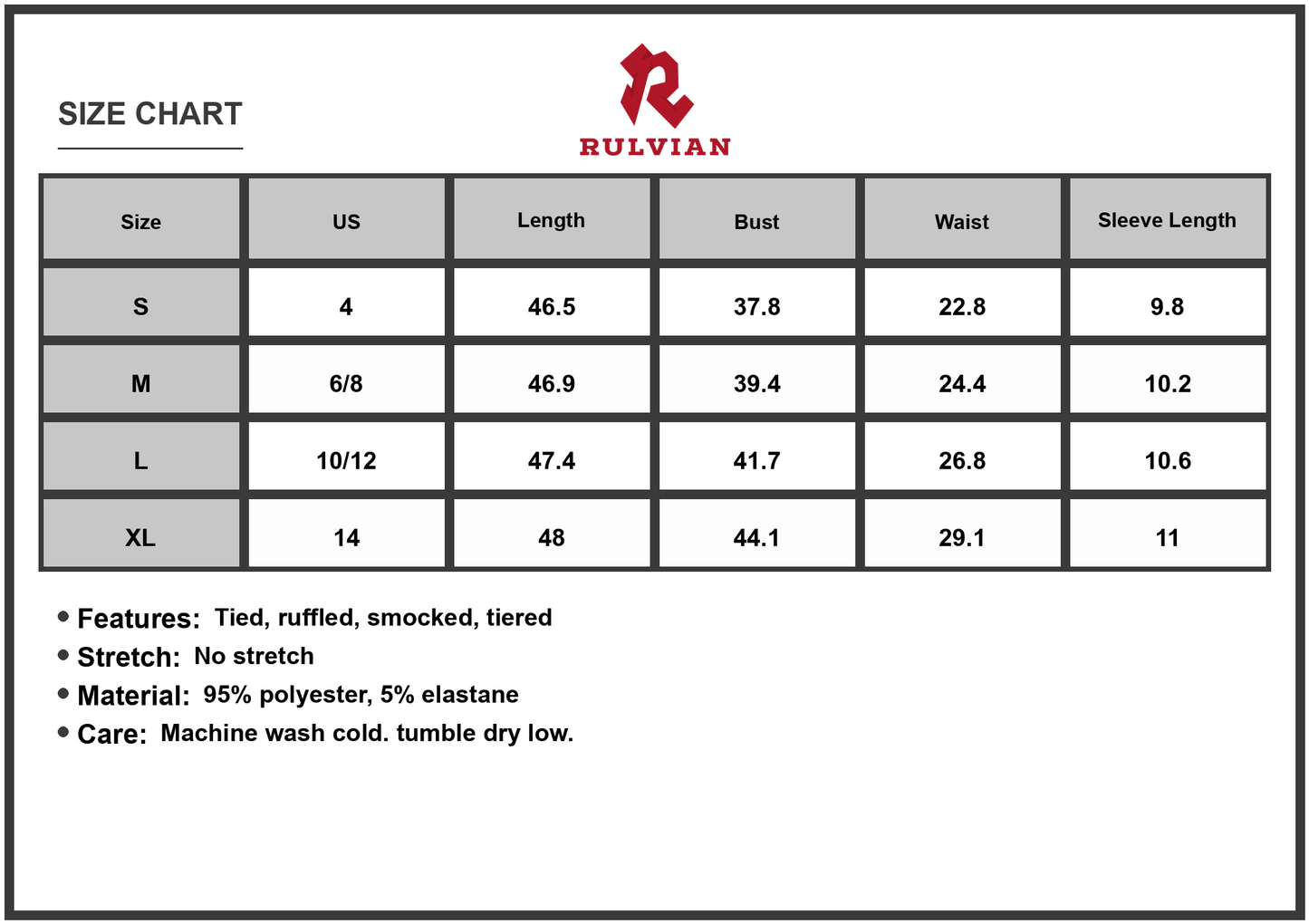 Size Chart - Women's Smocked Off Shoulder Tiered Dress with Ties and Ruffles for Summer and Party Wear 95% polyester 5% elastane